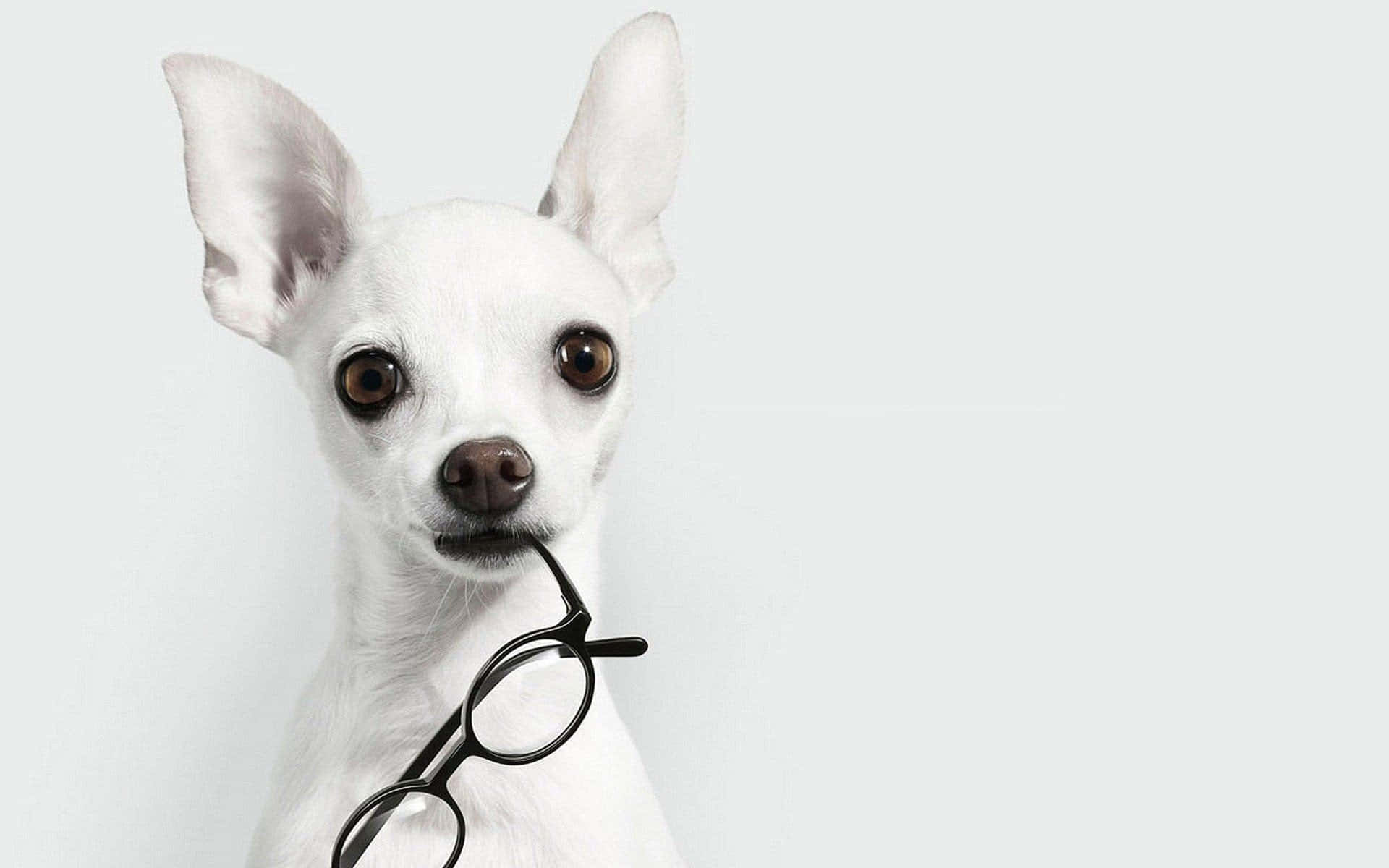 Chihuahua 桌布 壁紙 — 一隻白色大耳吉娃娃咬著黑色框眼鏡，背景是純淺灰色。