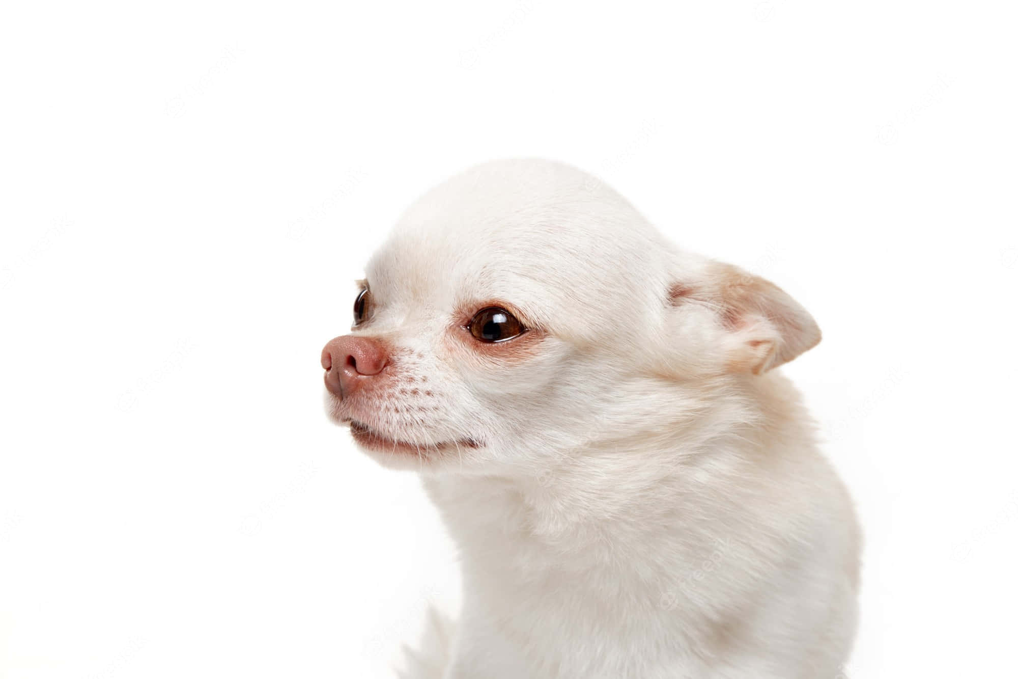 Chihuahua 桌布 壁紙 — 一隻白色小型吉娃娃的特寫，有大棕色眼睛，看向旁邊，背景是純白色。