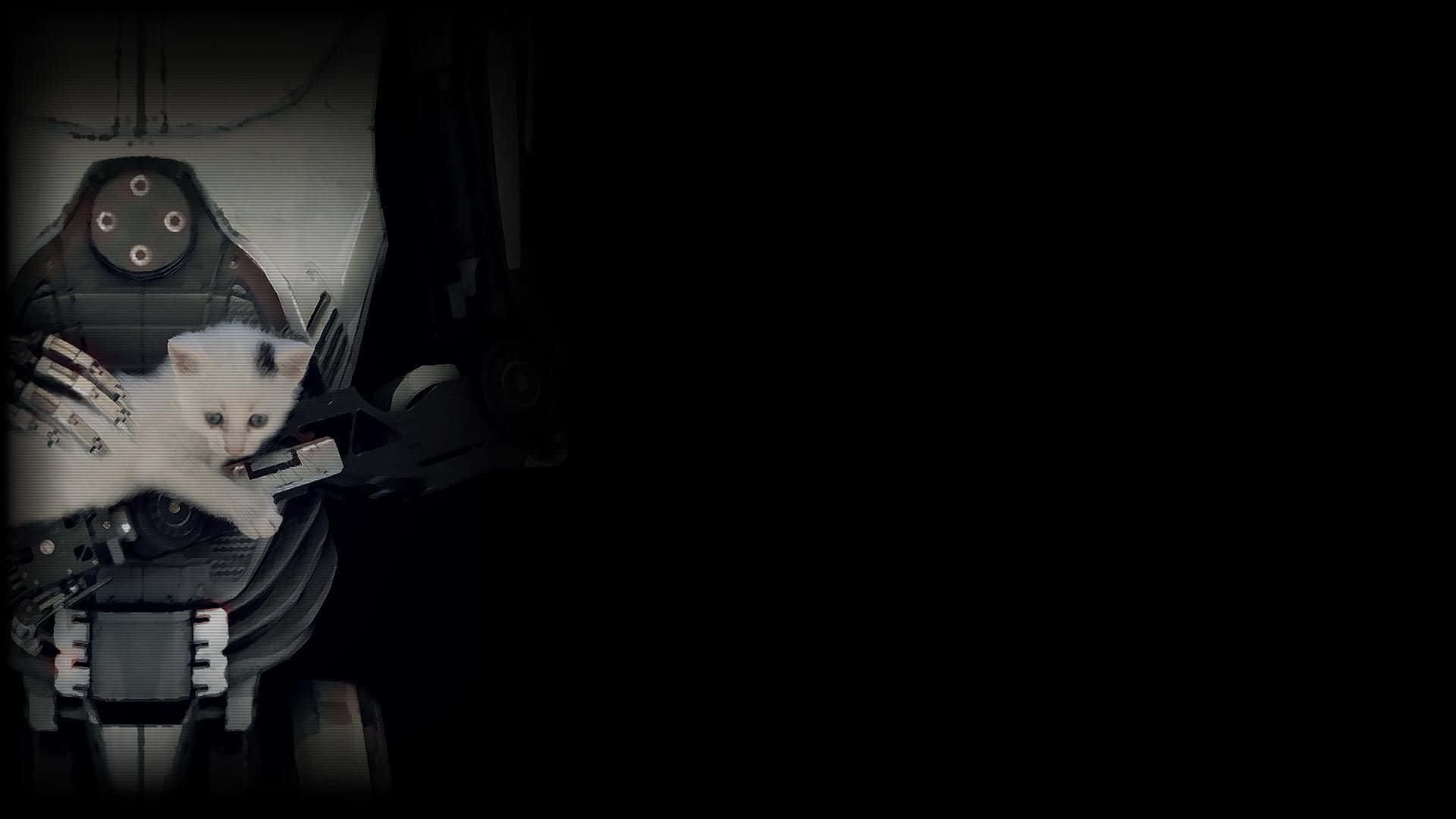 Characters 桌布 壁紙 — 一隻白色小貓咪緊緊抓住一個黑暗未來機器人的機械臂，在陰影環境中。