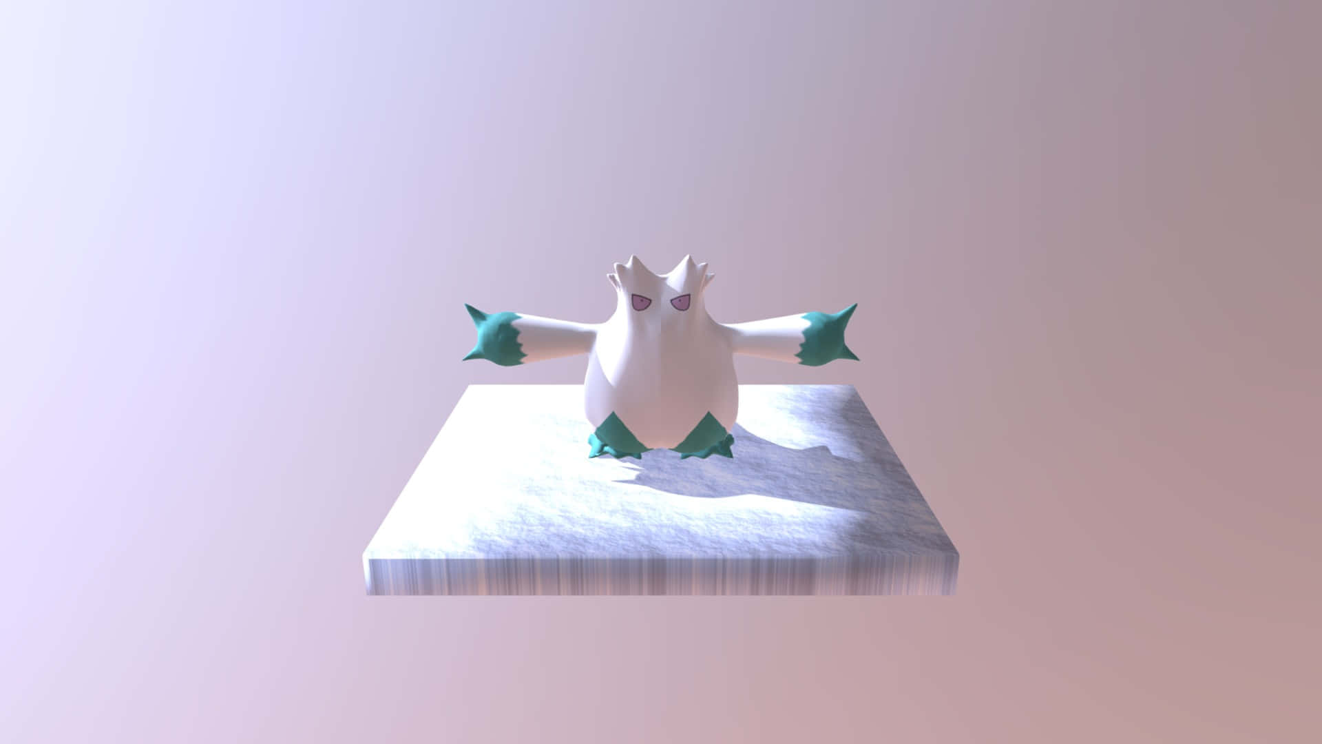 3D 桌布 壁紙 — 一隻白色幽靈系寶可夢，帶有藍綠色尖刺，站在漂浮的雪地平台上，背景是柔和的漸變色。