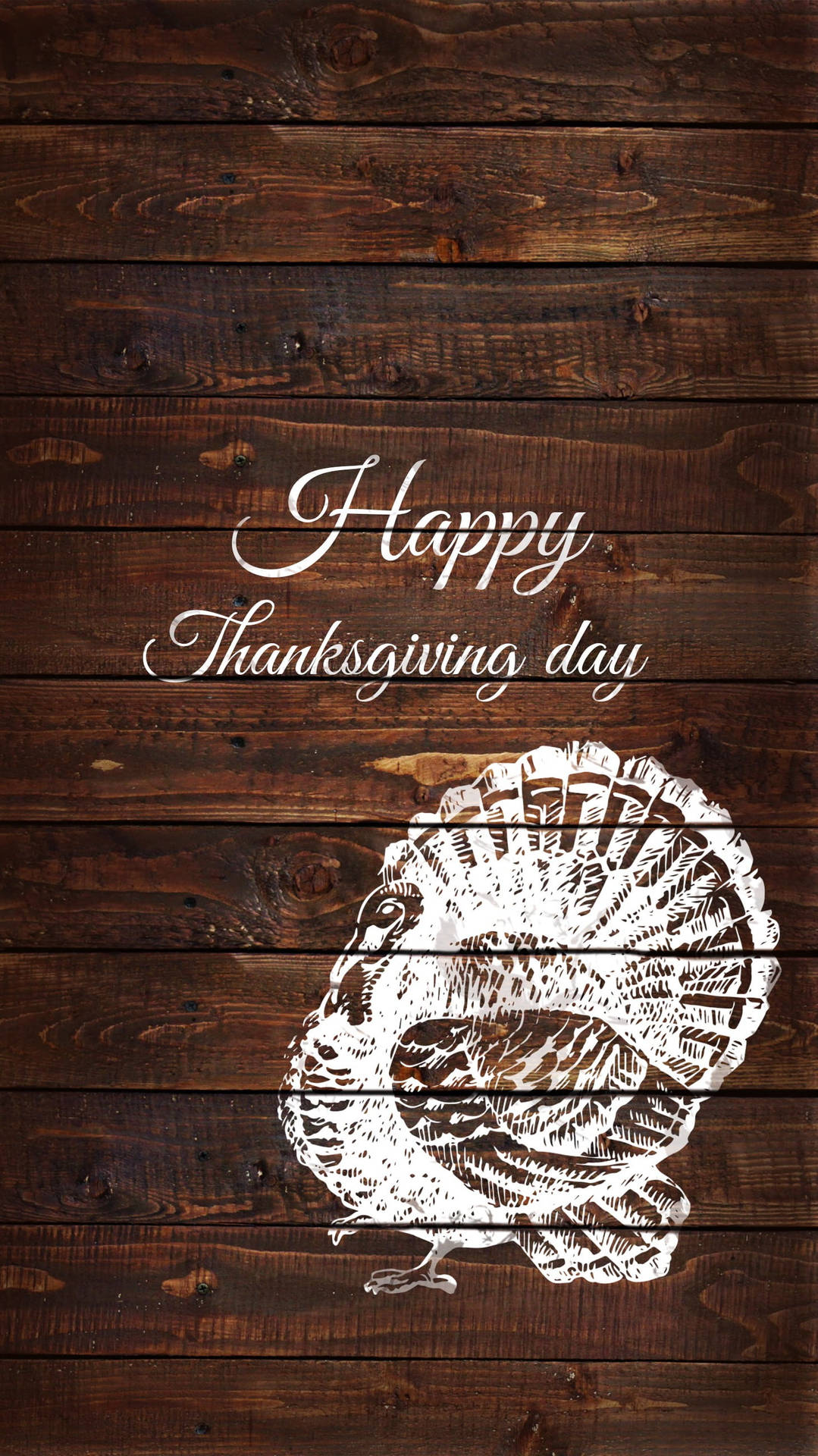 深色木板上的白色插圖火雞，帶有「Happy Thanksgiving day」文字。 — 感恩節 iPhone 壁紙