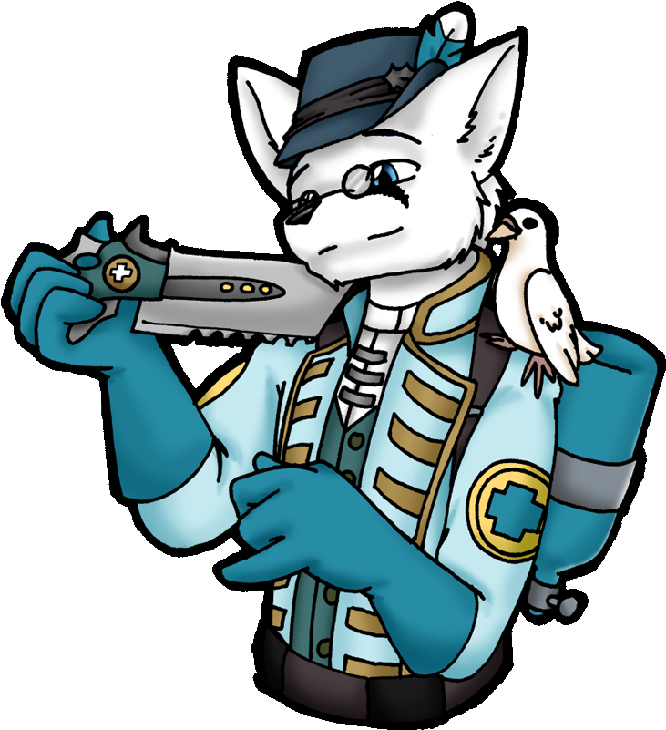 Tf2 桌布 壁紙 — 一隻白色擬人化狐狸穿著藍色醫療制服，手持鋸子，肩上棲息著一隻鳥，背景為黑色。