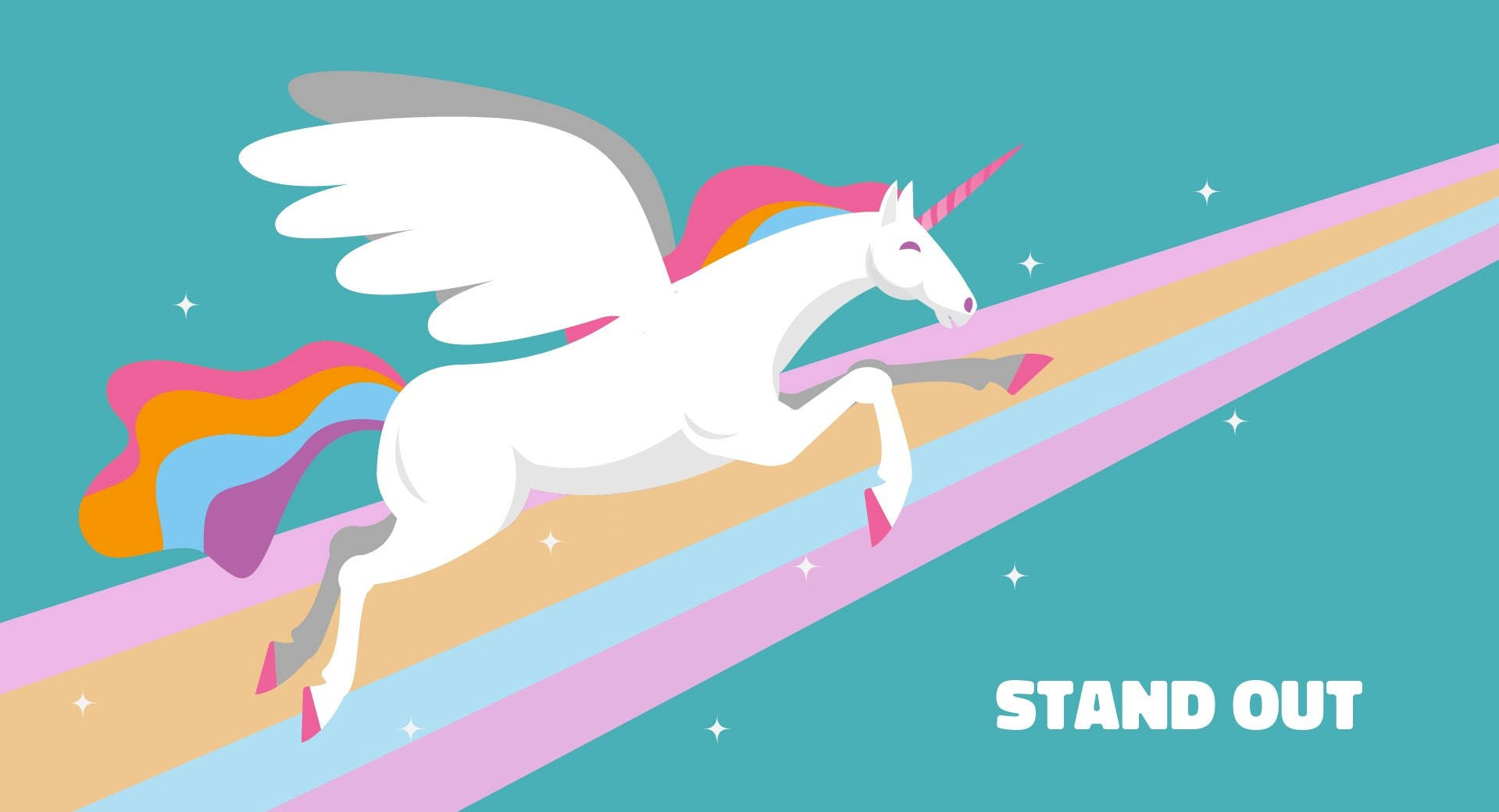 Cool Unicorn 桌布 壁紙 — 一隻白色有翼獨角獸，擁有彩虹鬃毛和尾巴，在色彩繽紛的條紋小徑上奔馳，背景是點綴著星星的藍綠色天空。