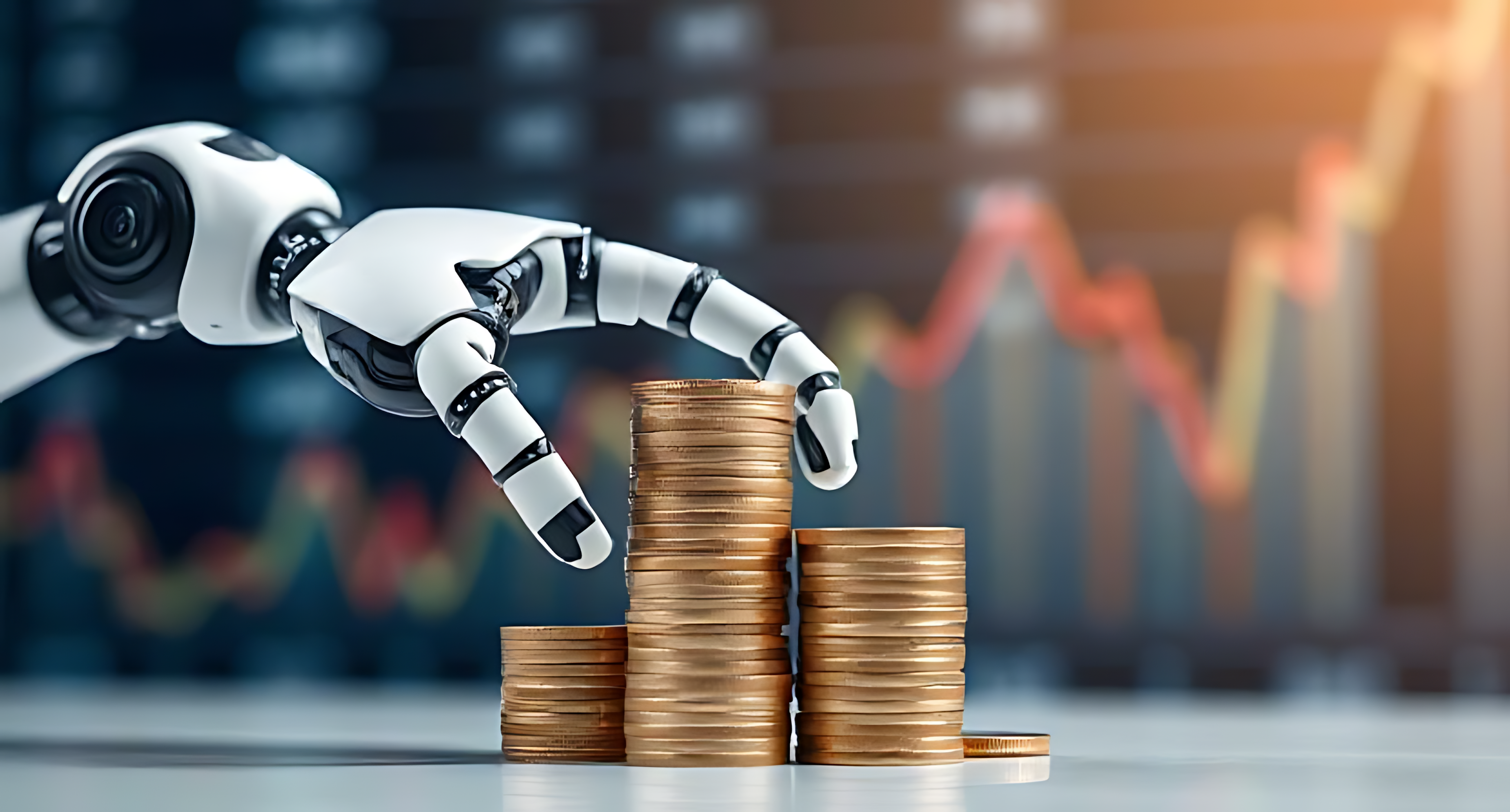 AI 桌布 壁紙 — 一隻白色機械手在模糊的金融圖表前堆疊金幣，圖表顯示上升趨勢。