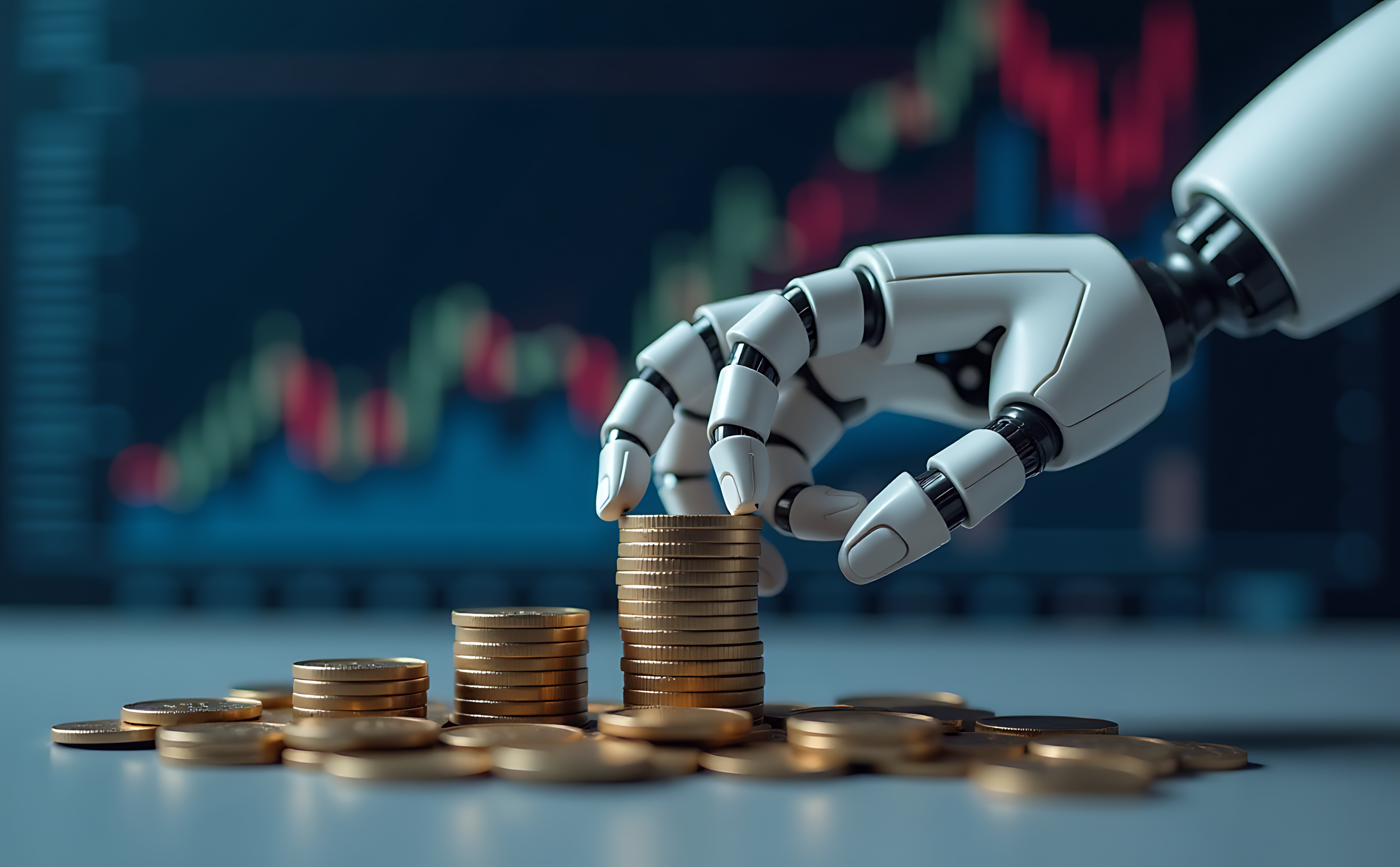 AI 桌布 壁紙 — 一隻白色機械手在模糊的金融圖表背景下堆疊金幣。