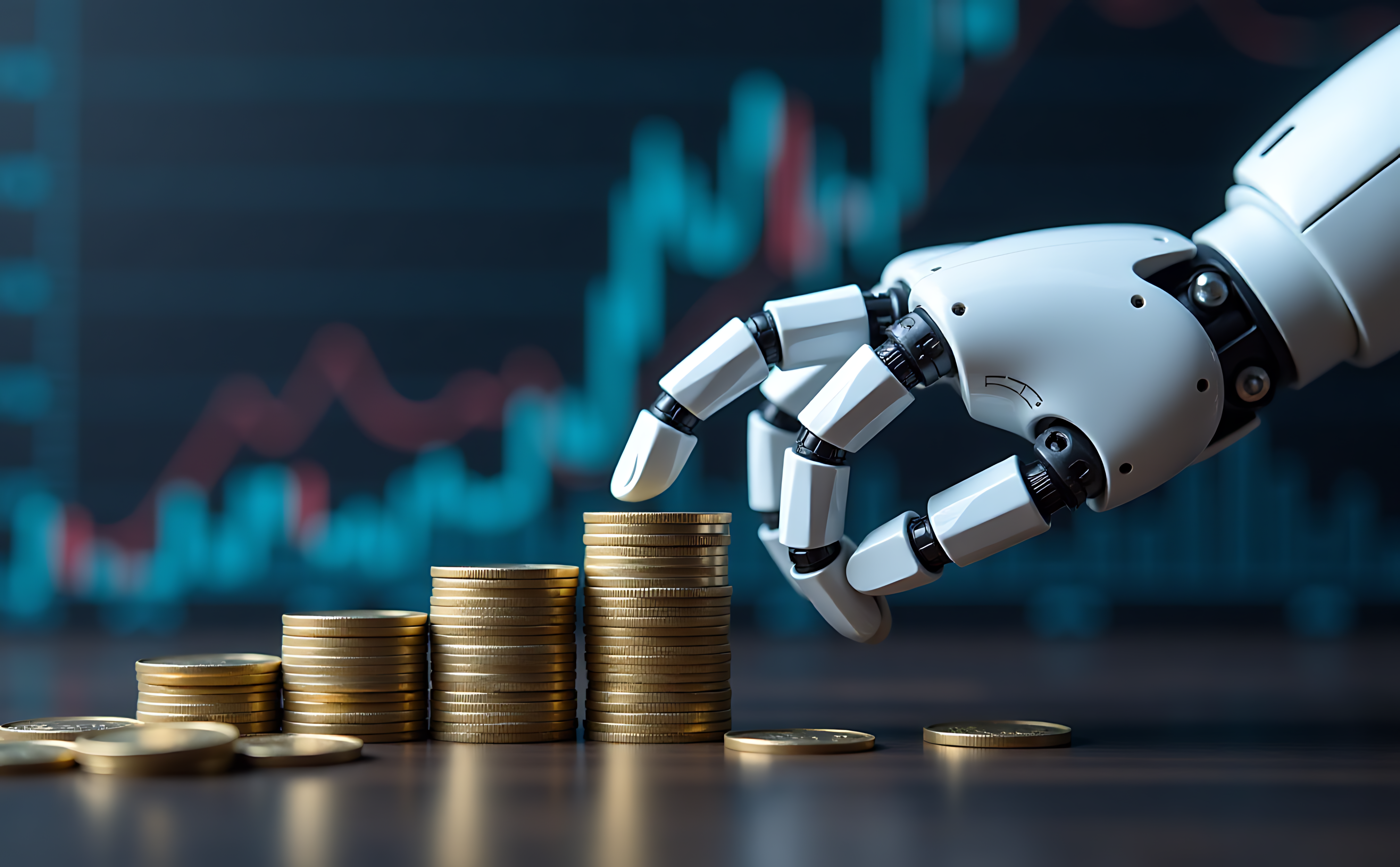 AI 桌布 壁紙 — 一隻白色機械手在模糊的金融圖表背景下，將金幣堆疊成遞增的堆疊。