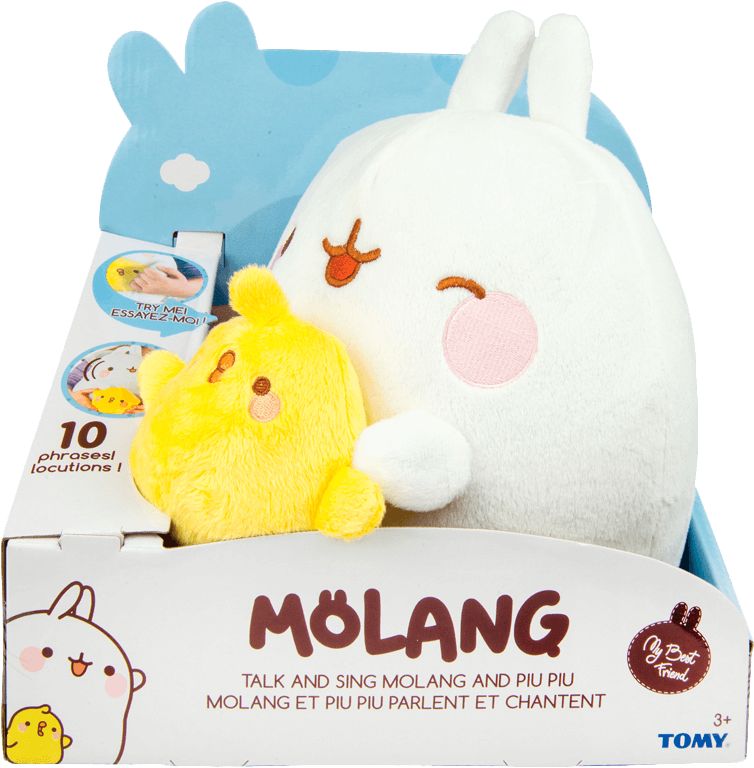 Molang 桌布 壁紙 — 一隻白色毛絨兔仔公仔和一隻黃色小雞公仔從一個藍白色Molang玩具箱中探出頭來，箱上有雙語文字。
