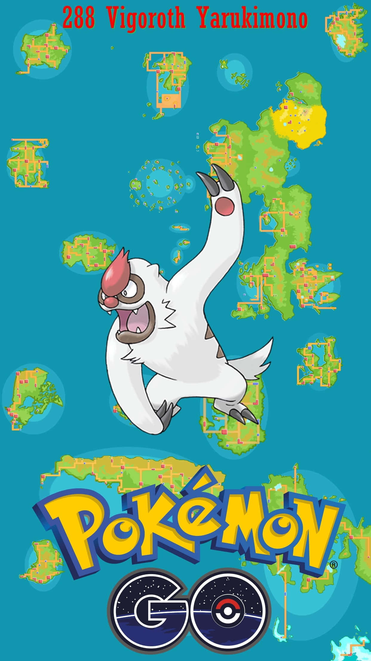 Pokemon Card 桌布 壁紙 — 一隻白色毛茸茸的寶可夢，有著紅色角和爪子，在充滿漂浮地圖碎片和Pokémon GO標誌的青色背景上動態跳躍。