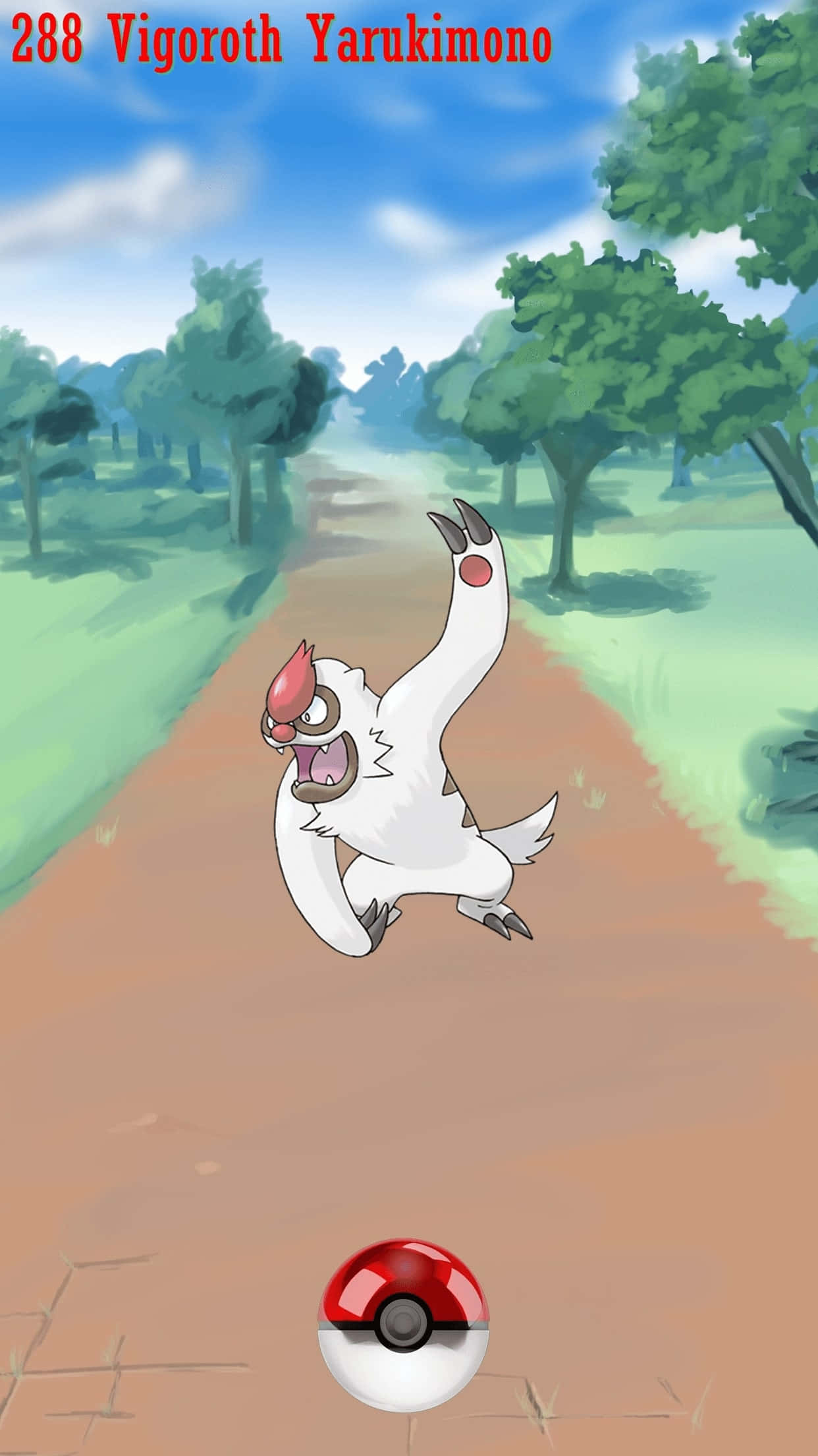 Pokémon 手機 桌布 壁紙 — 一隻白色毛茸茸的寶可夢，長著紅色角和爪子，在明亮的森林空地上沿著泥土小徑歡快地跳躍。