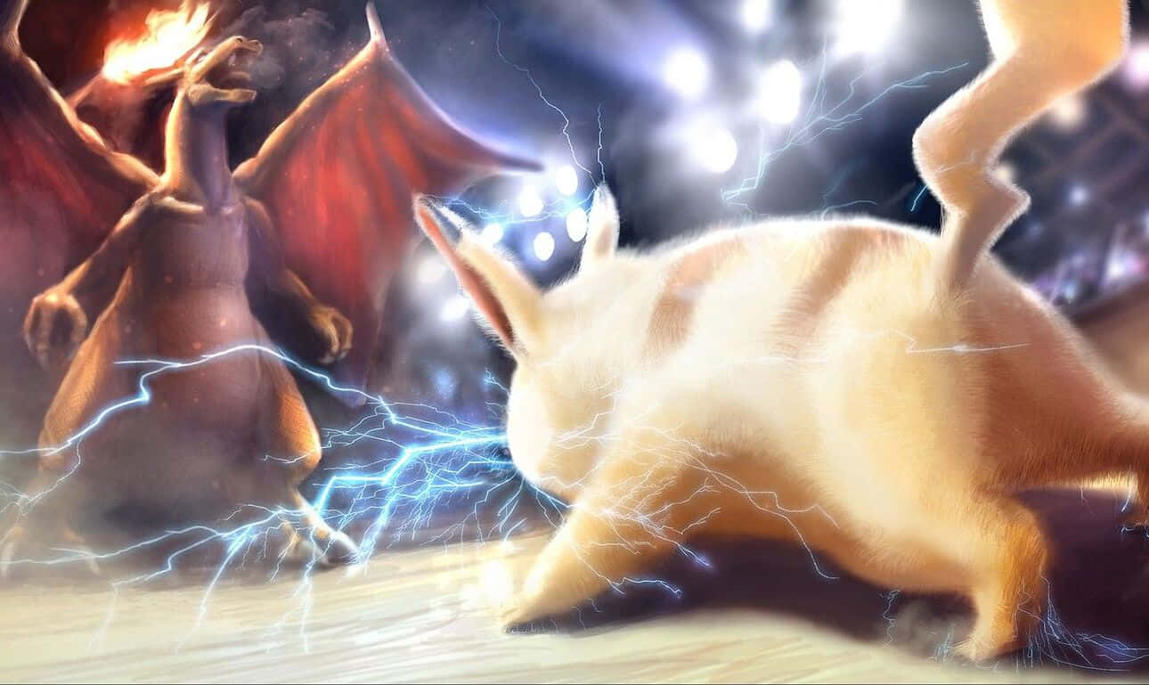 動漫風格的狐狸與龍戰鬥，電光四射。 — 噴火龍 壁紙