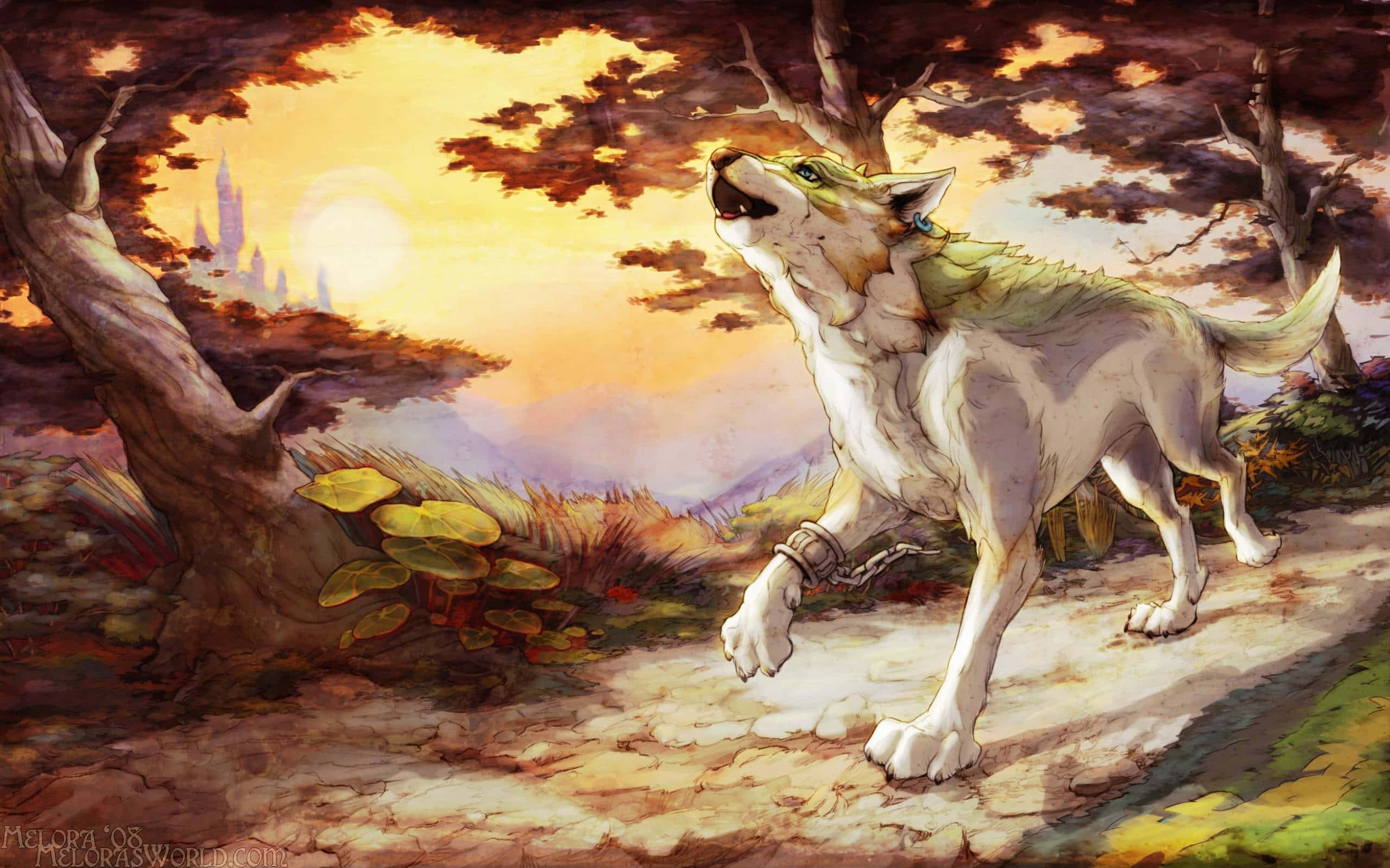 Wolf Howling 桌布 壁紙 — 一隻白色狼有綠色鬃毛，對著發光的太陽嚎叫，同時跑過一條有秋葉和遠處城堡剪影的森林小徑。