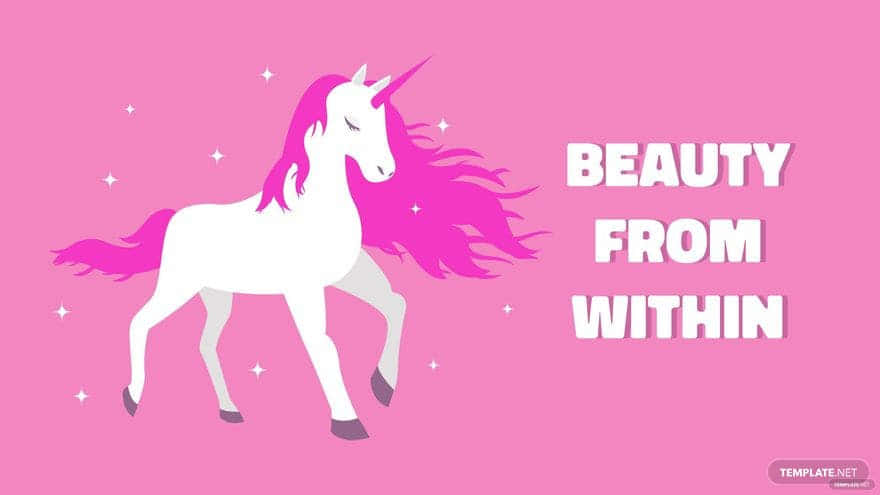 Unicorn Aesthetic 桌布 壁紙 — 一隻白色獨角獸，擁有充滿活力的粉紅色鬃毛和角，在純粉紅色背景上優雅地奔馳，背景點綴著閃爍的星星和粗體白色文字 beauty from within。