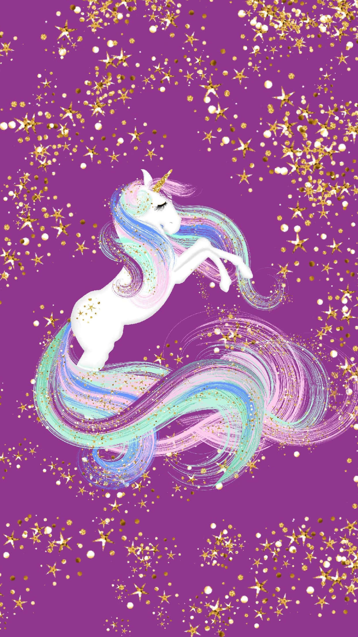 Magical Unicorn 桌布 壁紙 — 一隻白色獨角獸，擁有彩虹鬃毛和尾巴，在充滿金色星星的閃爍紫色背景上優雅地跳躍。
