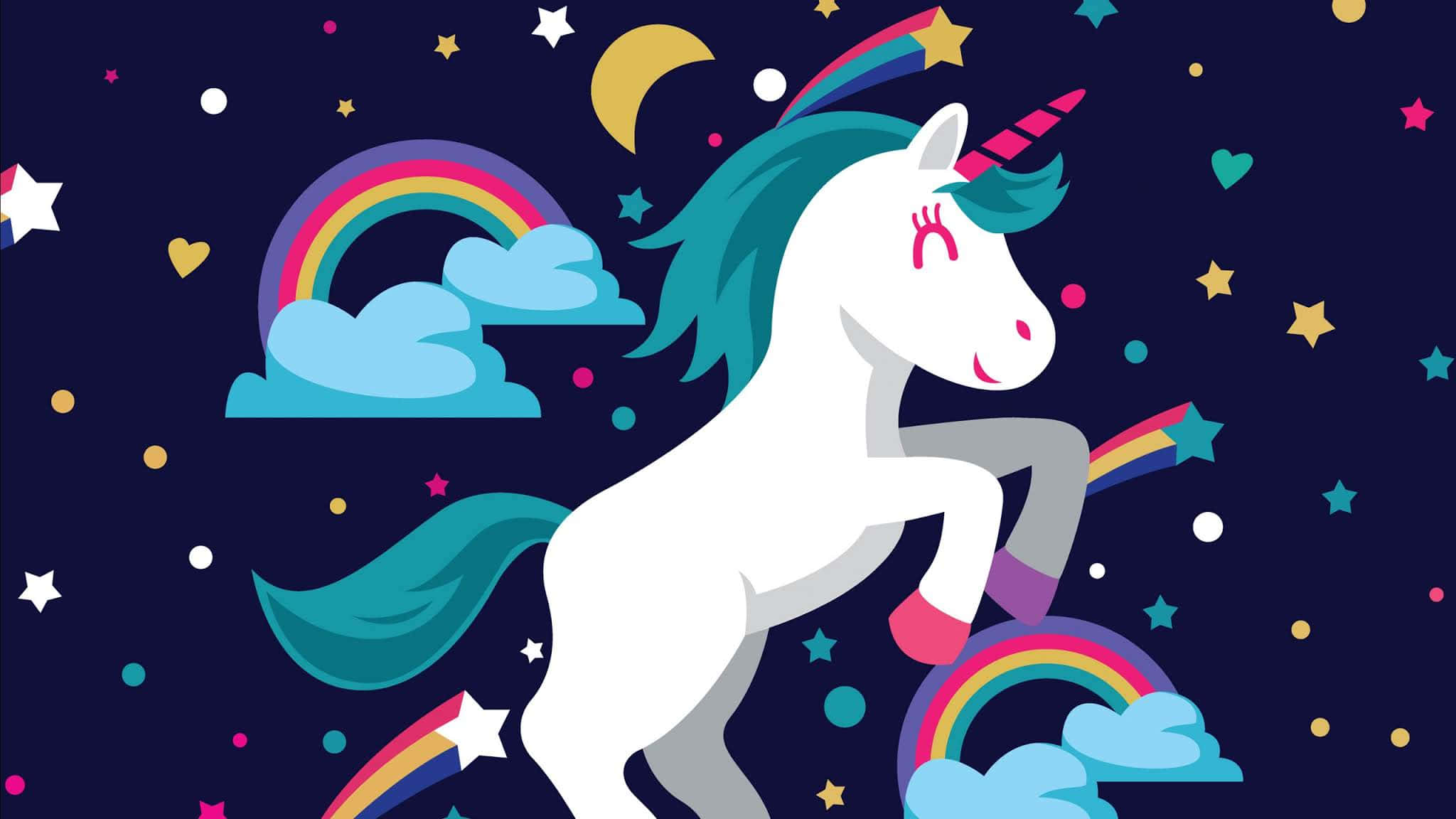 Cartoon Unicorn 桌布 壁紙 — 一隻白色獨角獸，擁有藍綠色鬃毛和角，在充滿彩虹、雲朵和心形的星空夜空中歡快地跳躍。