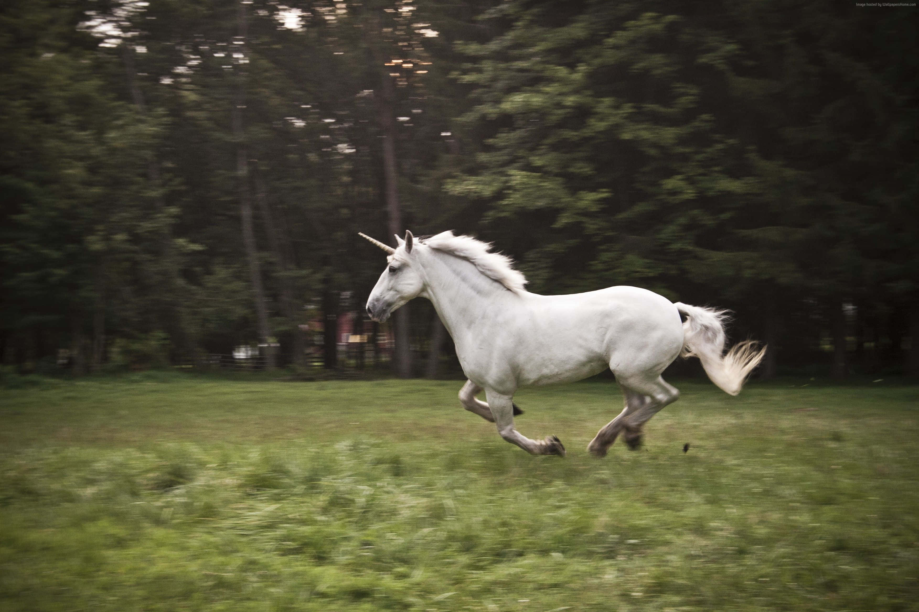 Real Unicorn 桌布 壁紙 — 一隻白色獨角獸優雅地奔馳在茂密的綠色田野中，背景是模糊的森林。