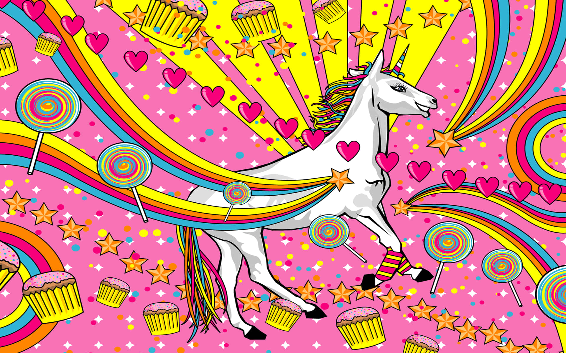 Unicorn Coloring 桌布 壁紙 — 一隻白色獨角獸在充滿糖果的天堂中奔馳，伴隨著彩虹痕跡、棒棒糖和杯子蛋糕，背景是粉紅色的星空。
