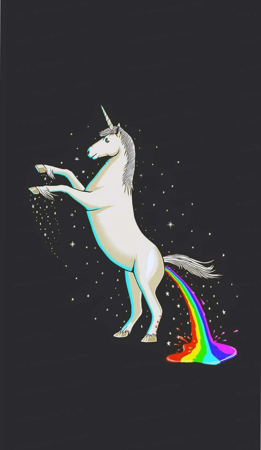 彩虹獨角獸 桌布 壁紙 — 一隻白色獨角獸在星光閃爍的黑色背景上用後腿站立，拉出一條充滿活力的彩虹痕跡。