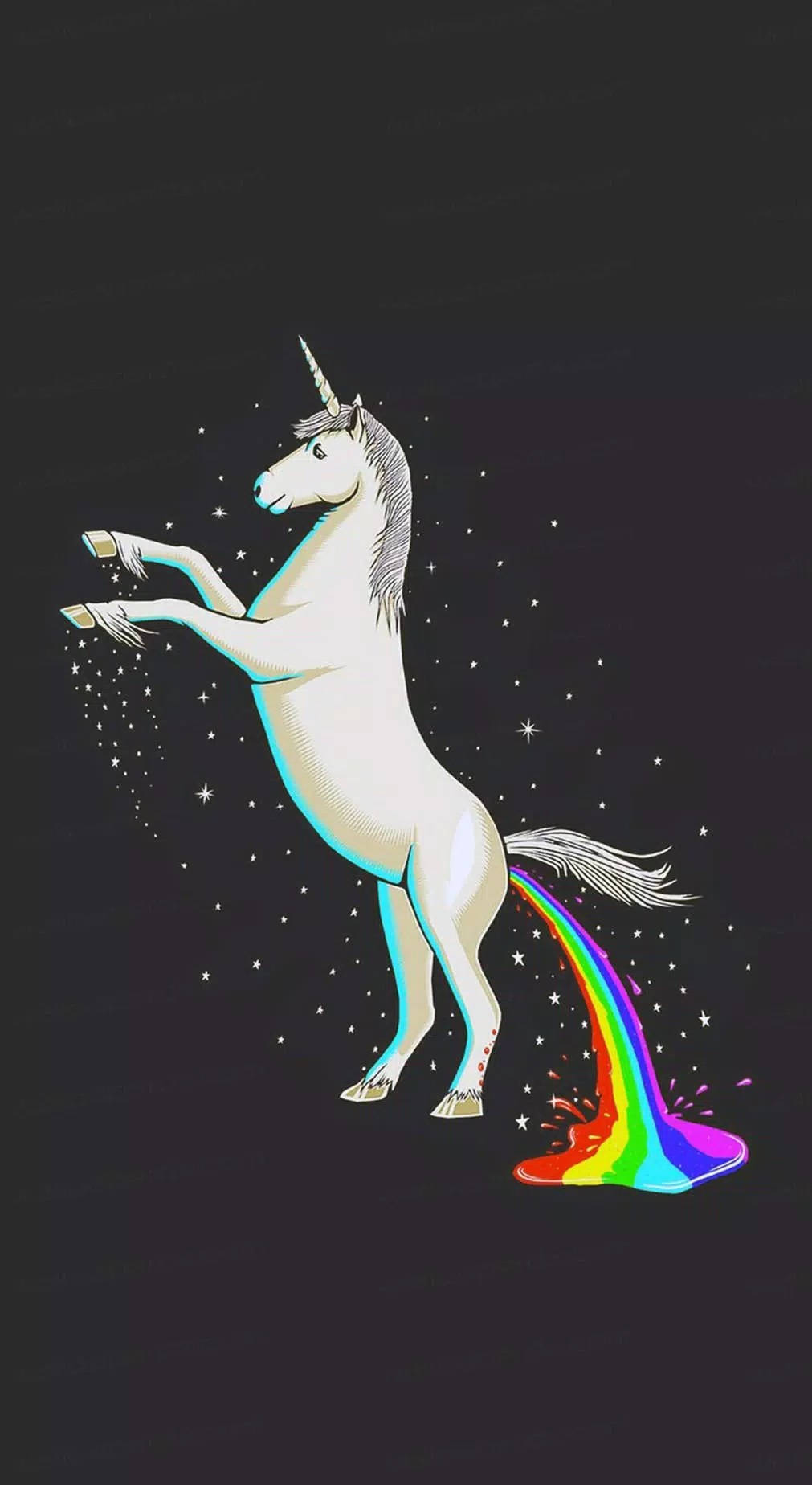Cool Unicorn 桌布 壁紙 — 一隻白色獨角獸在黑暗星空背景下揚起後腿，從臀部留下一條鮮豔的彩虹痕跡。