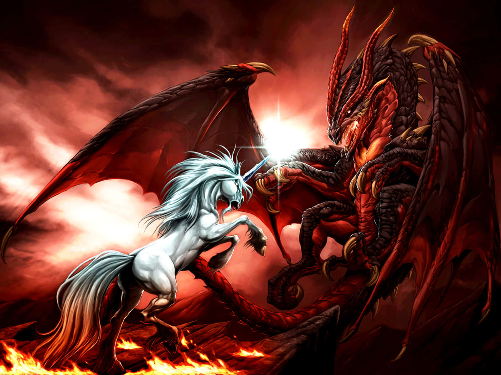Beautiful Dragon 桌布 壁紙 — 一隻白色獨角獸發光的角與一條巨大的紅色巨龍在烈焰和暴風雨中揮劍交鋒。