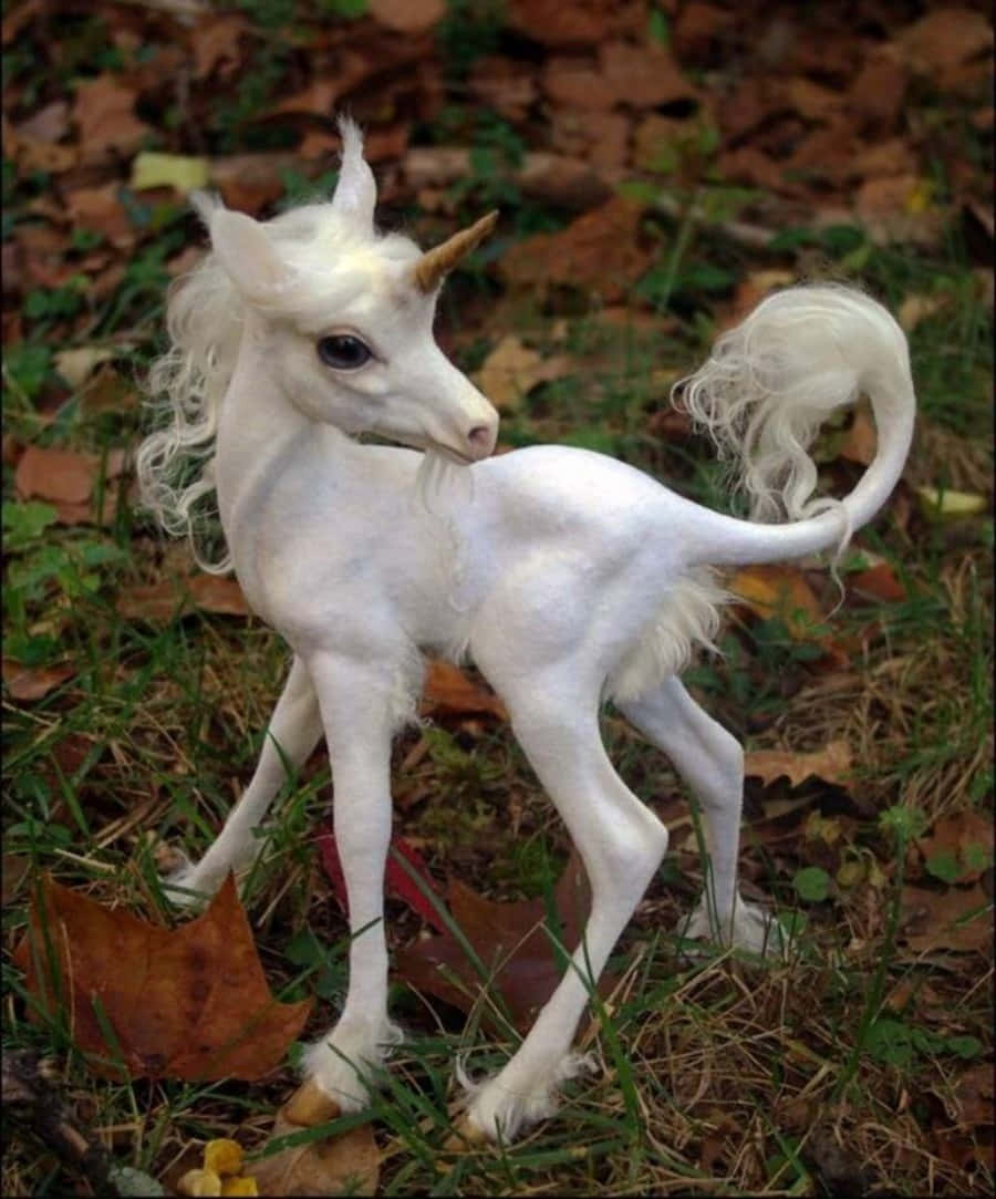 Real Unicorn 桌布 壁紙 — 一隻白色獨角獸雕像，帶有金色角，優雅地站在散落著秋葉的草地上。