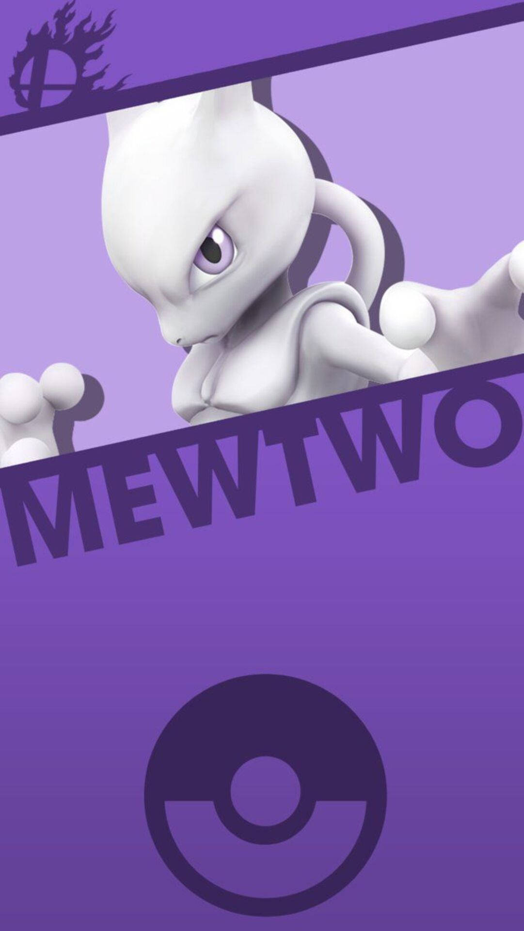 超夢 桌布 壁紙 — 一隻白色的Mewtwo，紫色眼睛，在紫色漸層背景上，帶著MEWTWO字樣和寶貝球標誌，強烈地凝視。