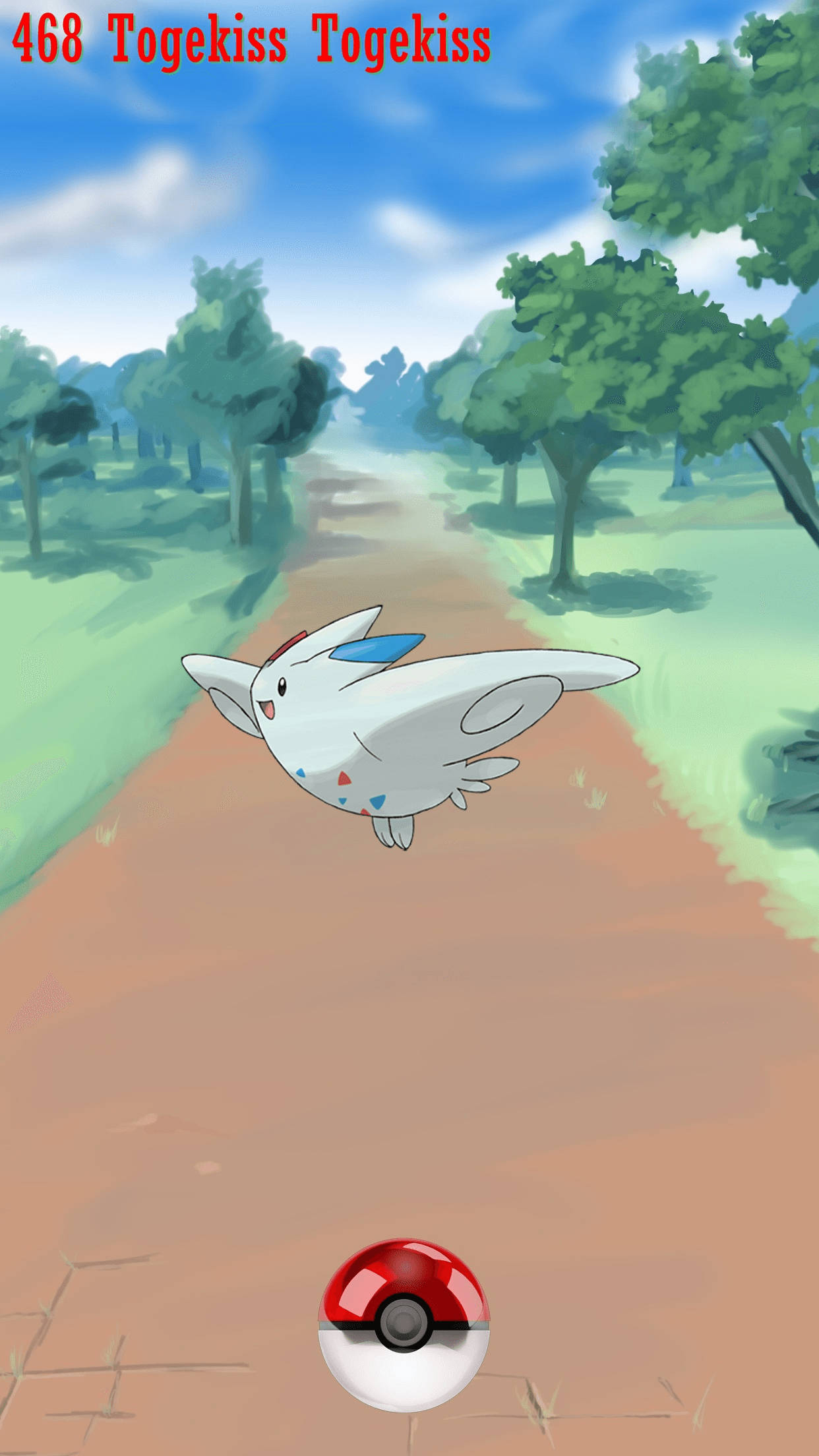 寶可夢 桌布 壁紙 — 一隻白色的Togekiss，翼尖為藍色，在陽光明媚的森林中的泥土路上快樂地飛下來，底部有一個精靈球。