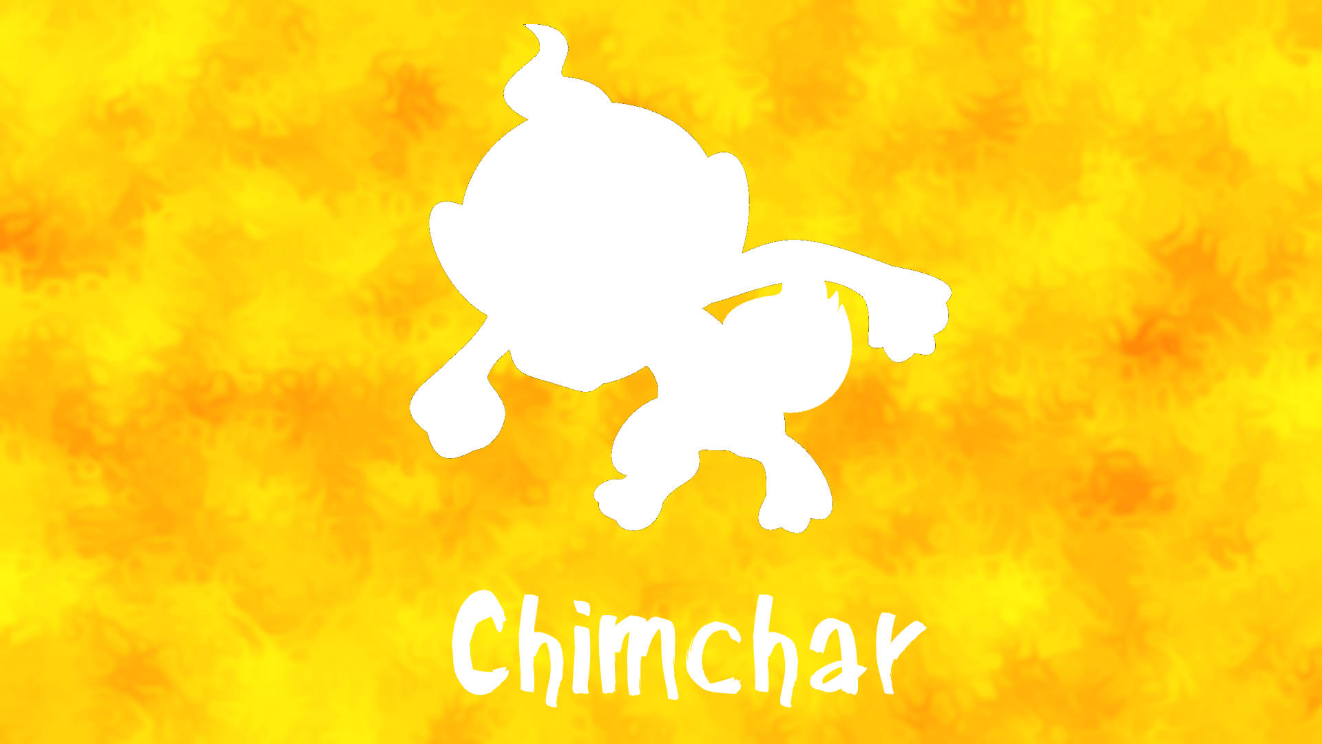 寶可夢 桌布 壁紙 — 一隻白色的寶可夢Chimchar剪影動感地站在充滿質感的鮮黃色背景上，下方有它的名字。