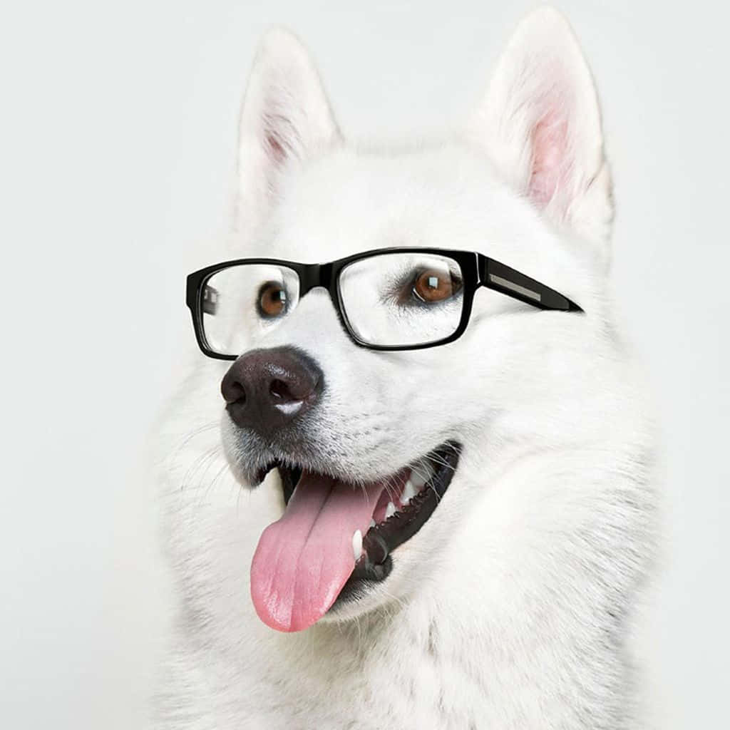 寵物動圖 桌布 壁紙 — 一隻白色的狗戴著眼鏡，伸出舌頭在純色背景前開心地微笑。