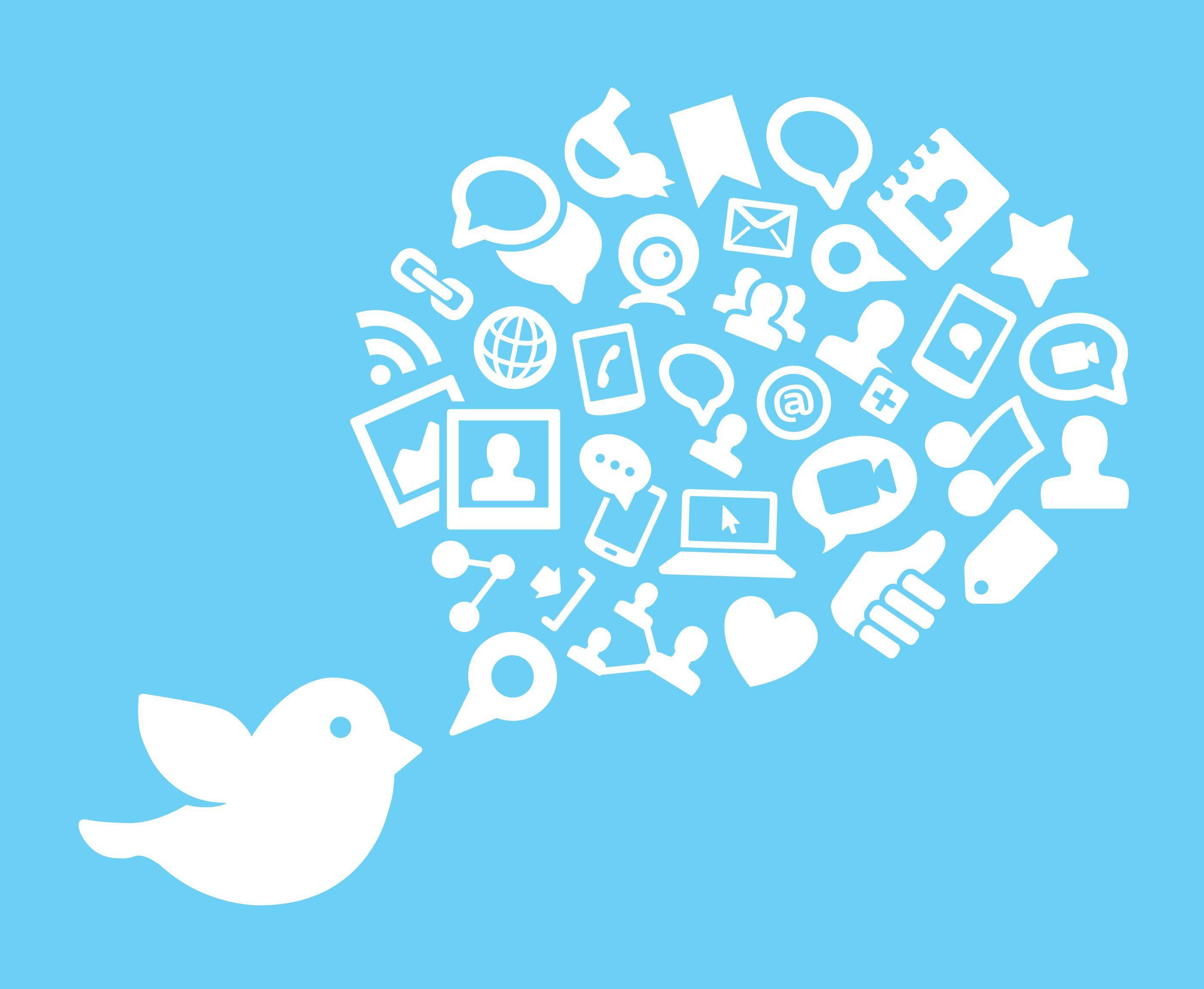 Twitter 桌布 壁紙 — 一隻白色的鳥在純藍色背景上釋放出一團社交媒體圖示。