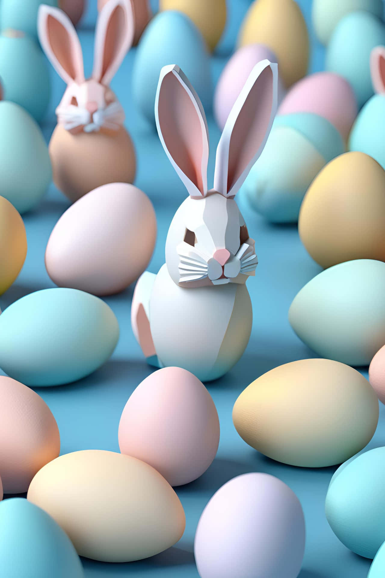Vertical arrangement of pastel-colored Easter eggs and cute bunny ears on a soft blue background. 壁紙 — 一隻白色紙剪兔子，粉紅色內耳，坐在藍色表面上的粉彩復活蛋之間。