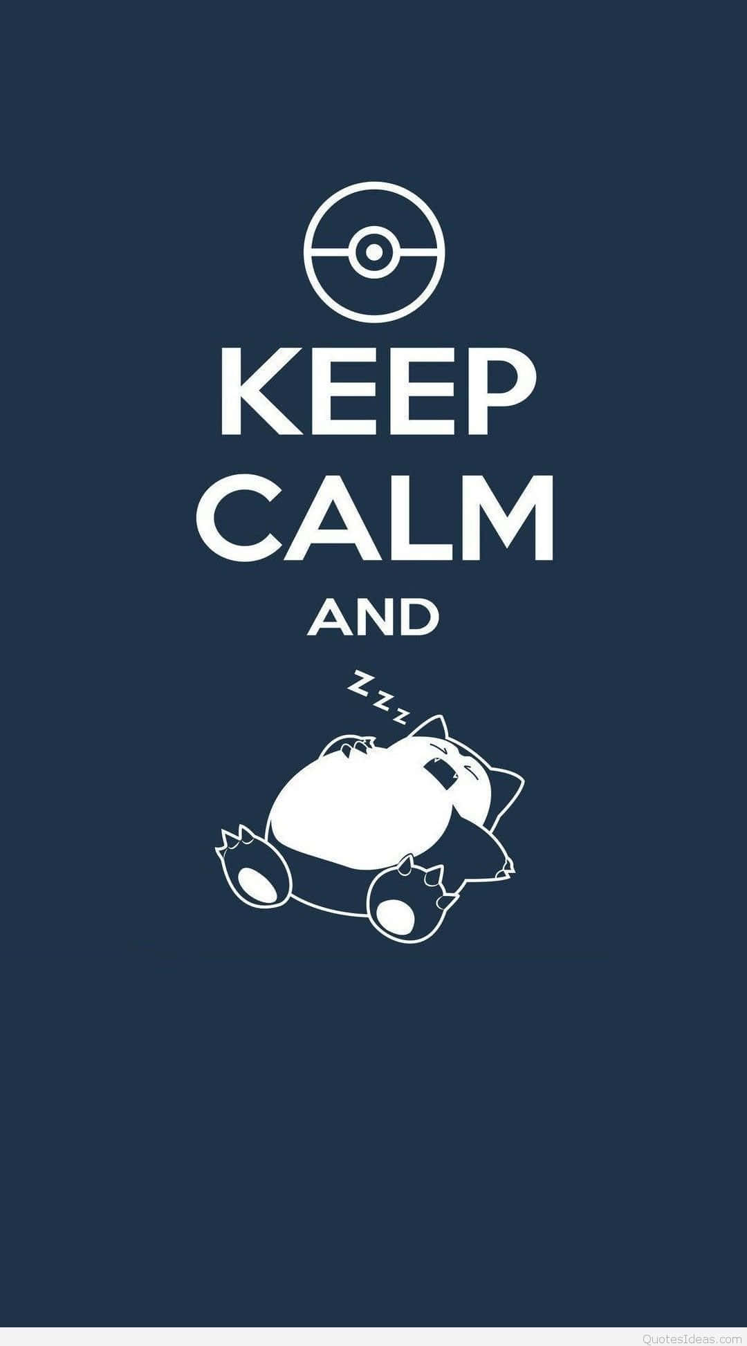 桌布 壁紙 — 一隻白色線條藝術的卡比獸在深藍色背景上，在「KEEP CALM AND」文字下面平靜地睡覺。