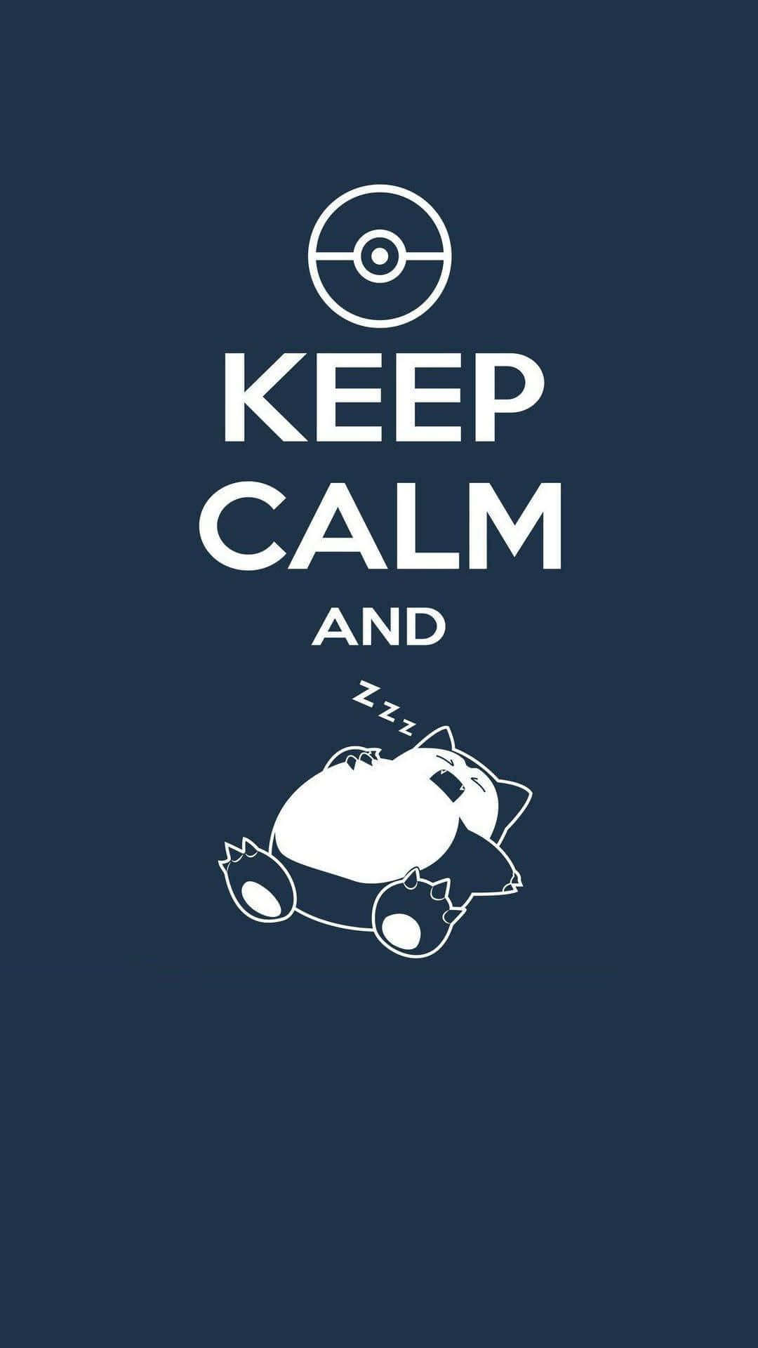 Pokeball 桌布 壁紙 — 一隻白色線條藝術的卡比獸在深藍色背景上，在「KEEP CALM AND」文字下面平靜地睡覺。