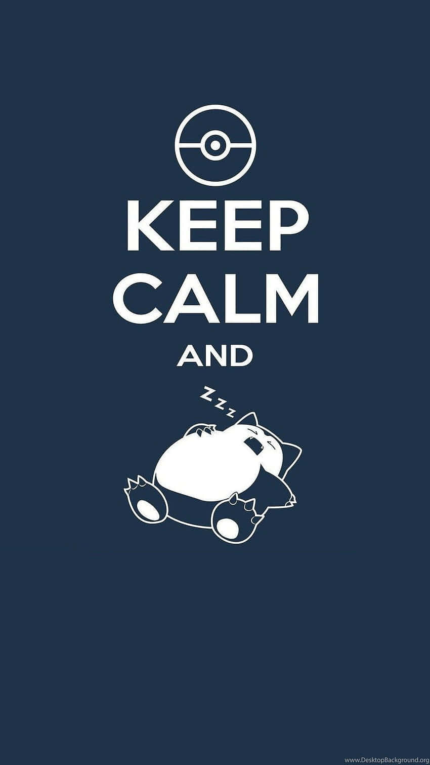 桌布 壁紙 — 一隻白色線條藝術的卡比獸在深藍色背景上，於「KEEP CALM AND」文字下方平靜地睡覺，上方有一個精靈球圖示。