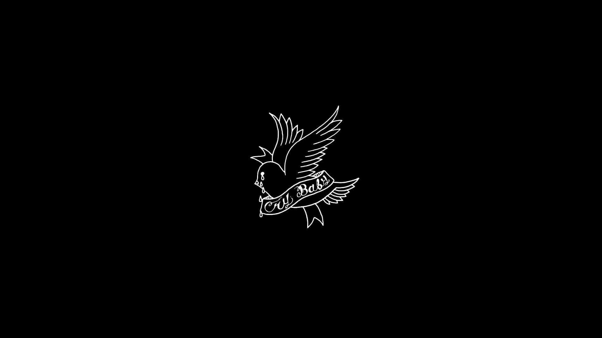 lil peep 動態圖 桌布 壁紙 — 一隻白色線條藝術鴿子，手持寫有 All Bass 的橫幅，背景為純黑色。