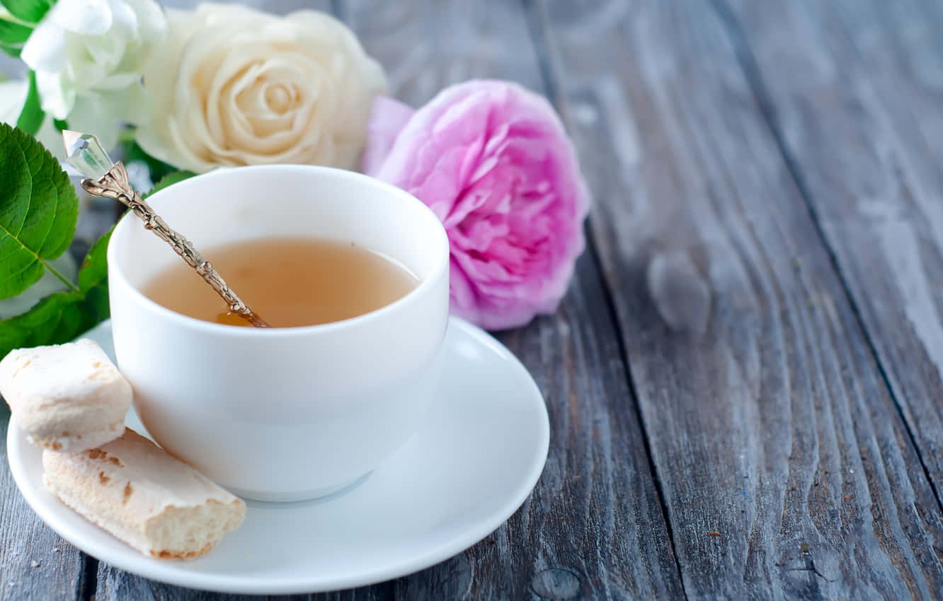 咖啡動圖 桌布 壁紙 — 一隻白色茶杯盛載琥珀色茶和華麗的湯匙，放在碟子上，旁邊有粉紅和白色玫瑰及義大利脆餅在風化木上。