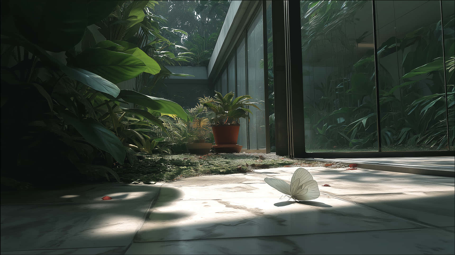 White Butterfly on Tiled Floor with Lush Greenery 壁紙 — 一隻白色蝴蝶在陽光照射的大理石地板上，玻璃門旁邊休息，周圍是茂密的綠色熱帶植物。