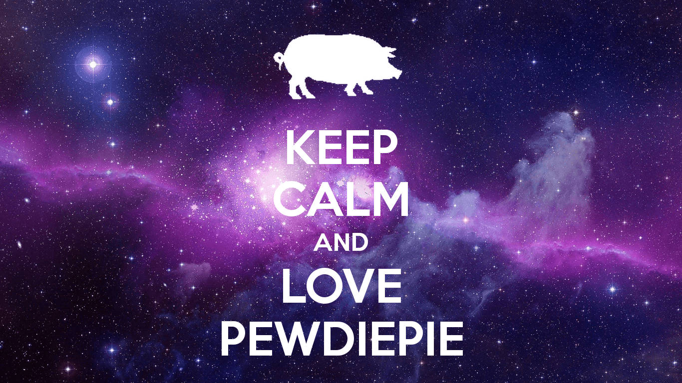 PewDiePie 桌布 壁紙 — 一隻白色豬的剪影和文字漂浮在充滿活力的紫色和藍色星空星雲天空上。