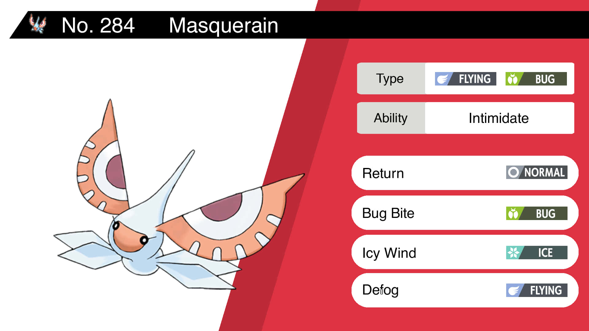 Masquerain 桌布 壁紙 — 一隻白色身體、橙色翅膀圖案的雨翅蛾 Pokémon 在紅白背景上飛在牠的狀態面板旁邊。