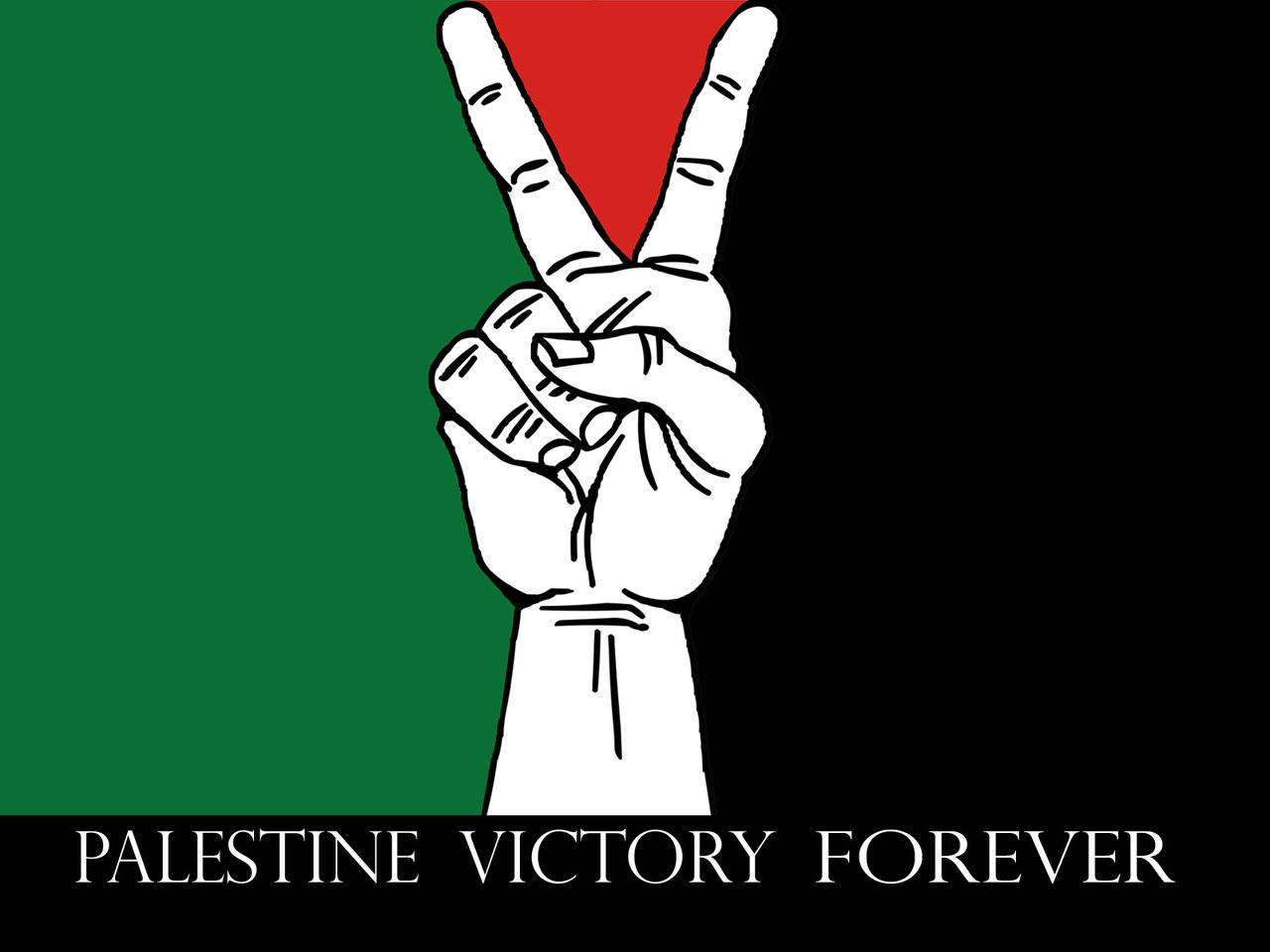 Palestine 桌布 壁紙 — 一隻白色輪廓的手在巴勒斯坦國旗背景前做出和平手勢，下方有粗體文字。