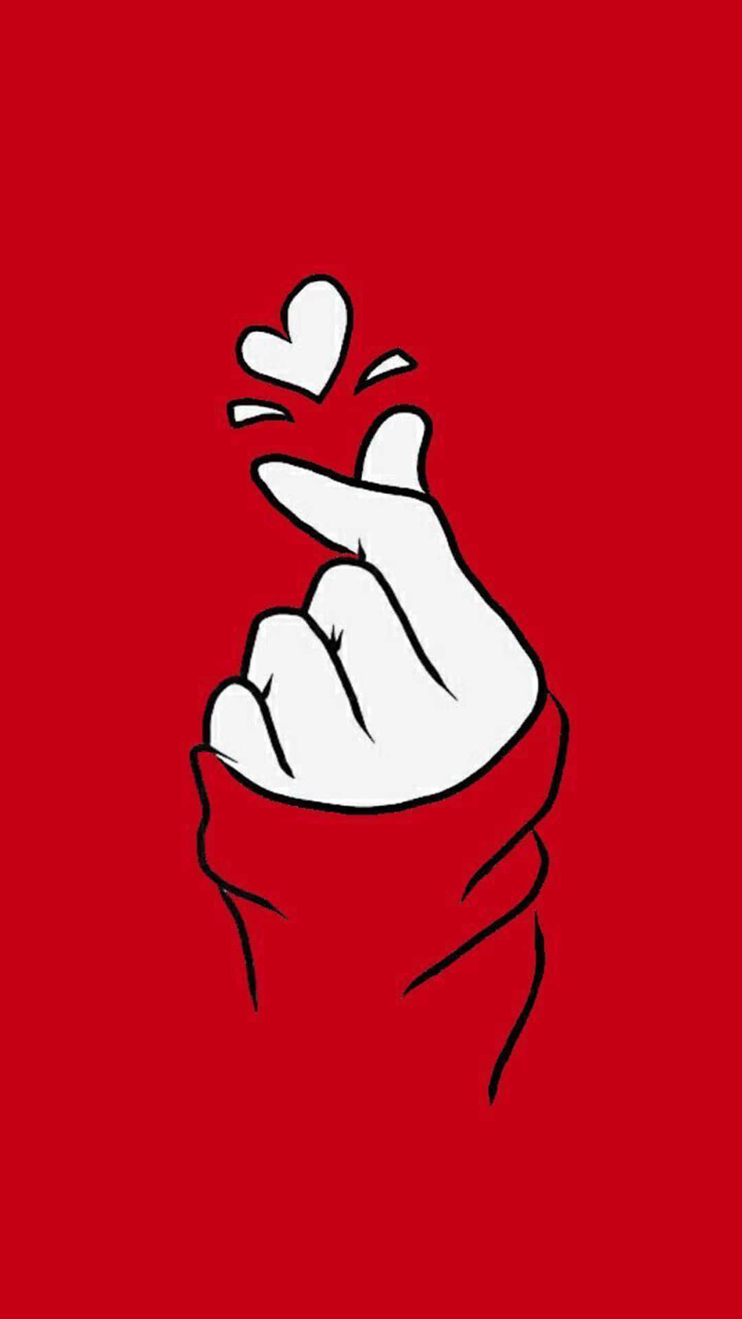 Red Cute Aesthetic 桌布 壁紙 — 一隻白色輪廓的手在純紅色背景上做出心形手勢，周圍有漂浮的心形圖案。
