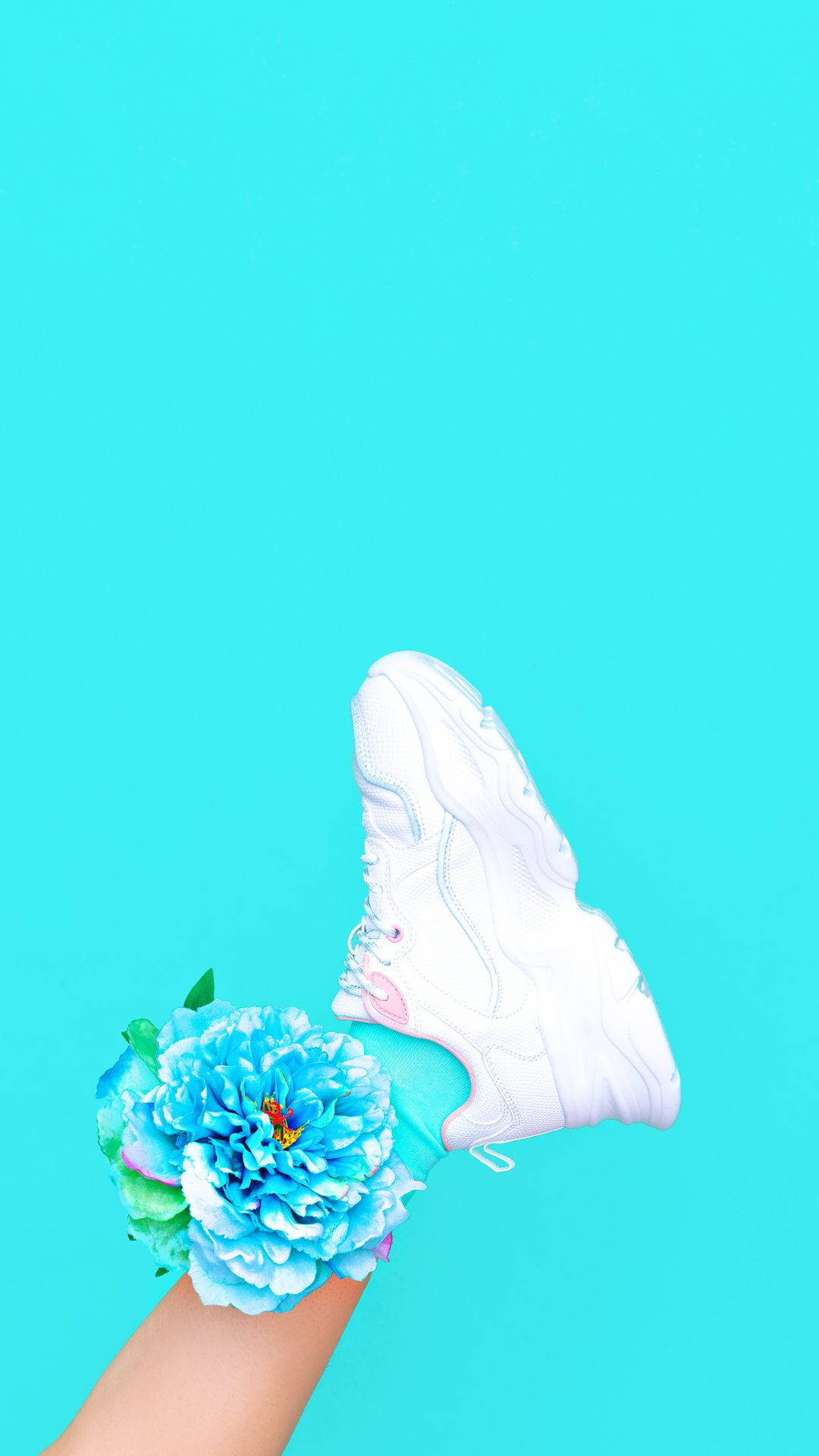 Cute Light Blue 桌布 壁紙 — 一隻白色運動鞋和一朵藍色牡丹花放在明亮的青色背景上，構成極簡風格。