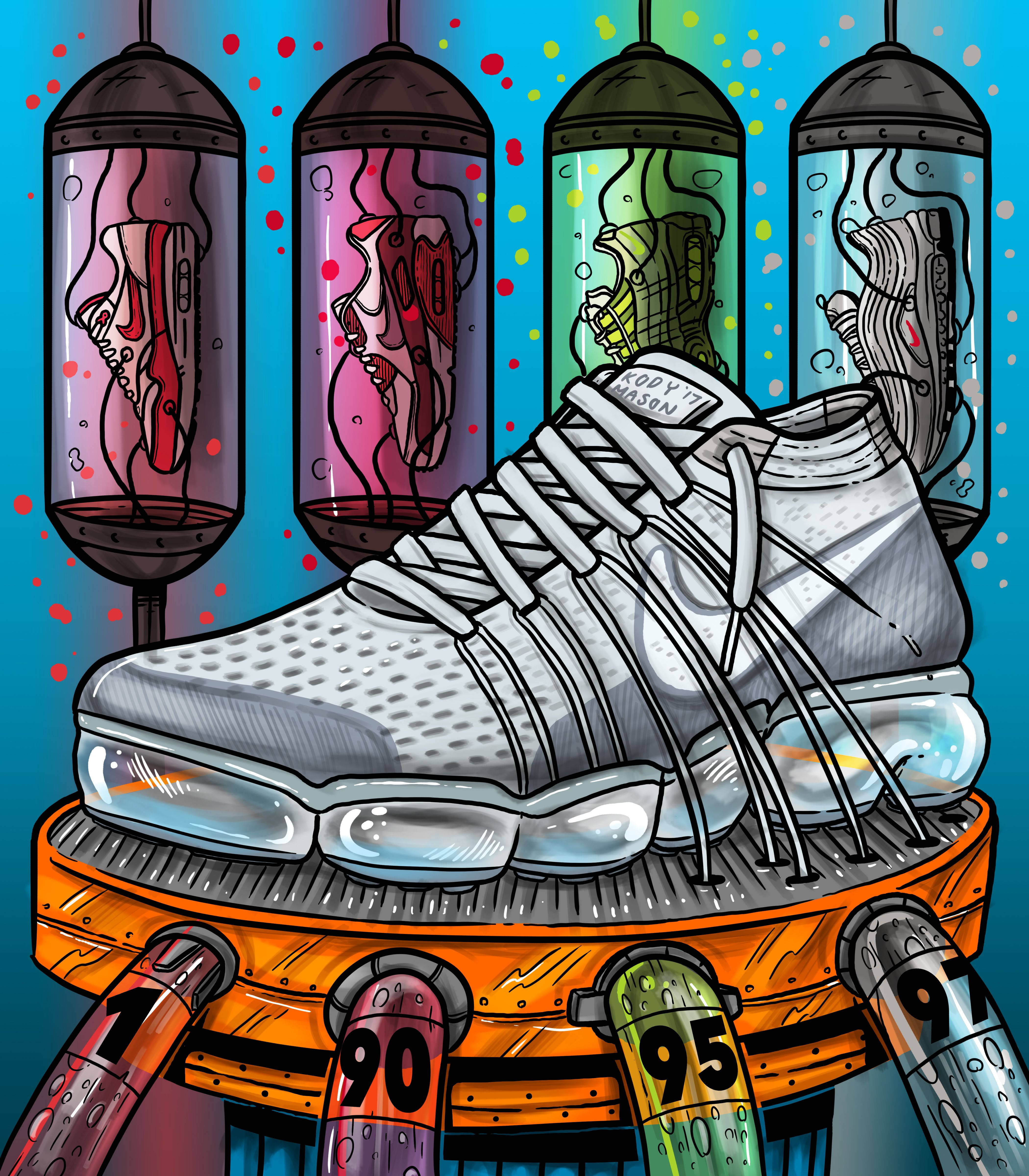 Nike 桌布 壁紙 — 一隻白色運動鞋放在橙色平台上，背後有四根發光管，每根管內懸浮著不同顏色的鞋子在液體中。