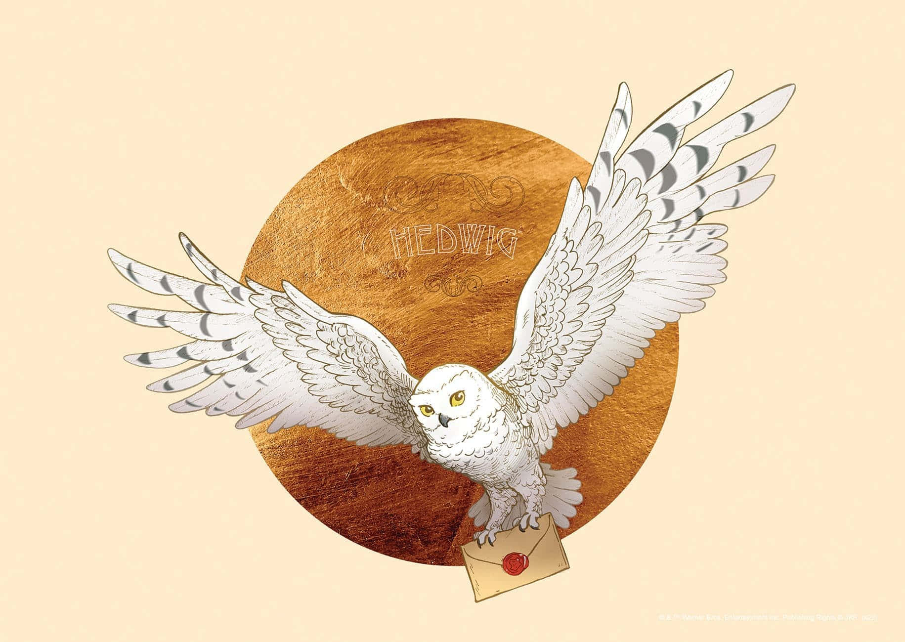 Hedwig 桌布 壁紙 — 一隻白色雪鴞展開翅膀棲息在一封信上，背景是金色圓形。