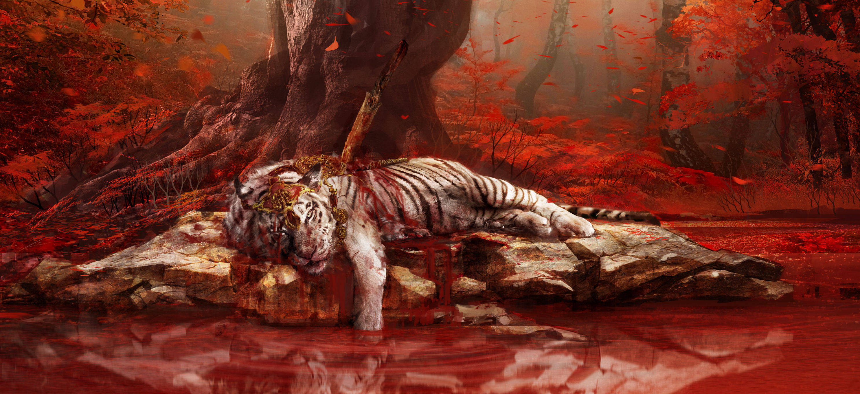 Far Cry 4 桌布 壁紙 — 一隻白虎死在一棵巨樹下的深紅色水中，紅色樹葉在詭異的秋林中旋轉。