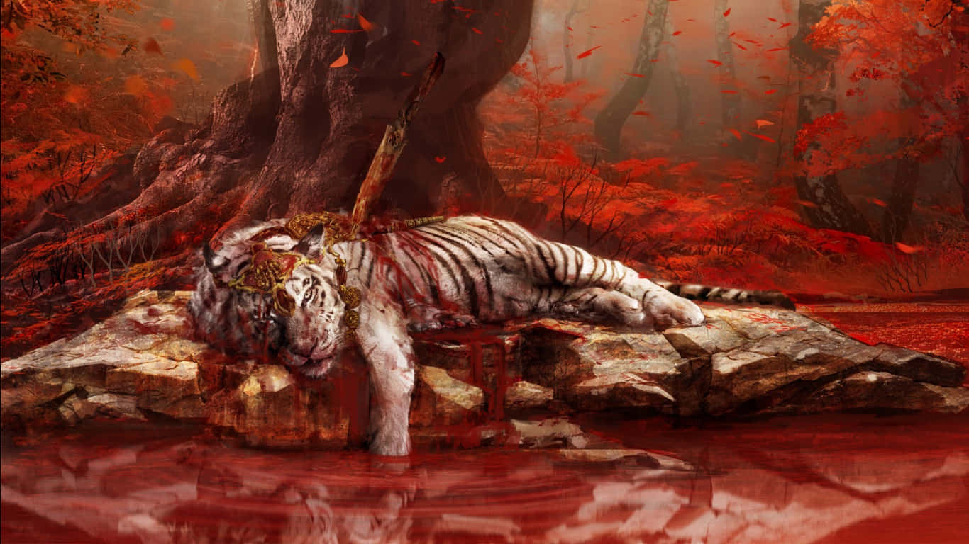 一隻白虎死在佈滿紅葉和鮮血的森林中。 — 老虎 壁紙