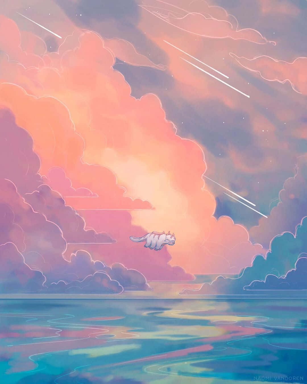 Appa Avatar 桌布 壁紙 — 一隻白貓在平靜的海洋上空優雅地滑翔，下方是充滿粉彩雲和流星的夢幻天空。