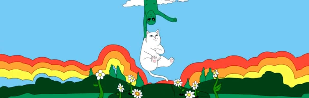 ripndip 桌布 壁紙 — 一隻白貓掛在綠色外星人的手臂上，下方是帶有雛菊和藍天的彩虹山脈。