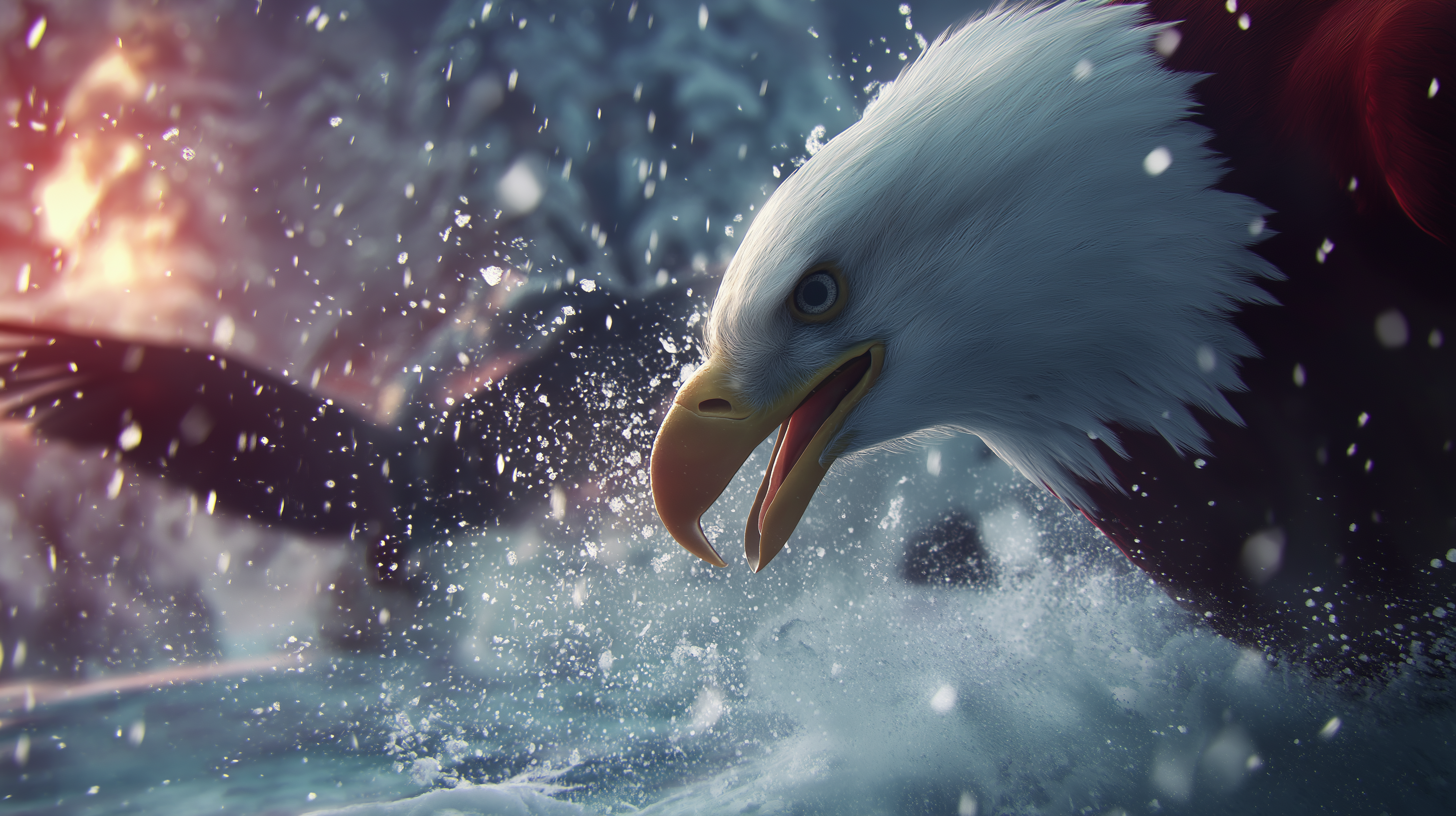 Eagle 桌布 壁紙 — 一隻白頭鷹，白色頭部和黃色喙，在熾熱的日落天空下衝破洶湧的海浪。