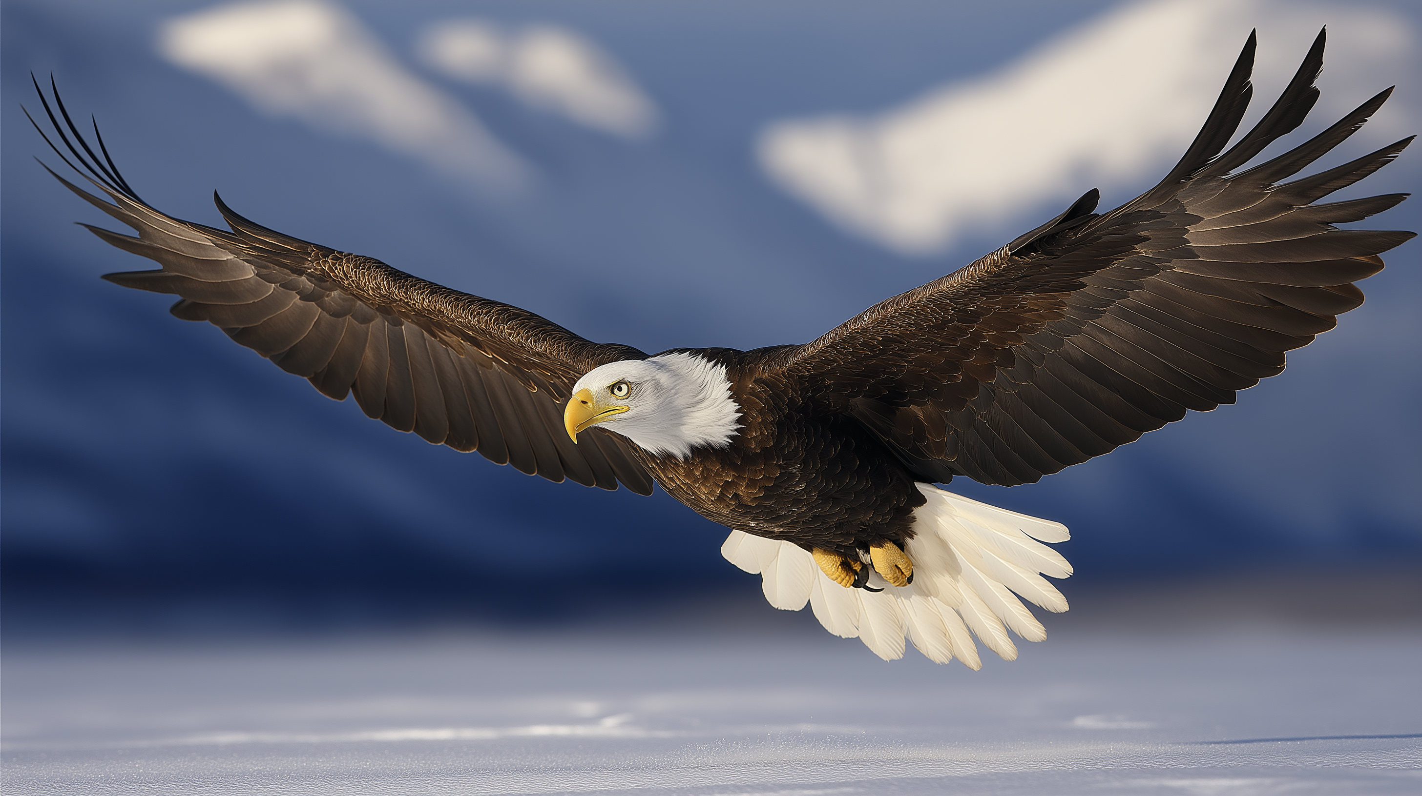 Eagle 桌布 壁紙 — 一隻白頭鷹展開翅膀翱翔，背景是白雪覆蓋的山脈和陰雲密佈的天空。
