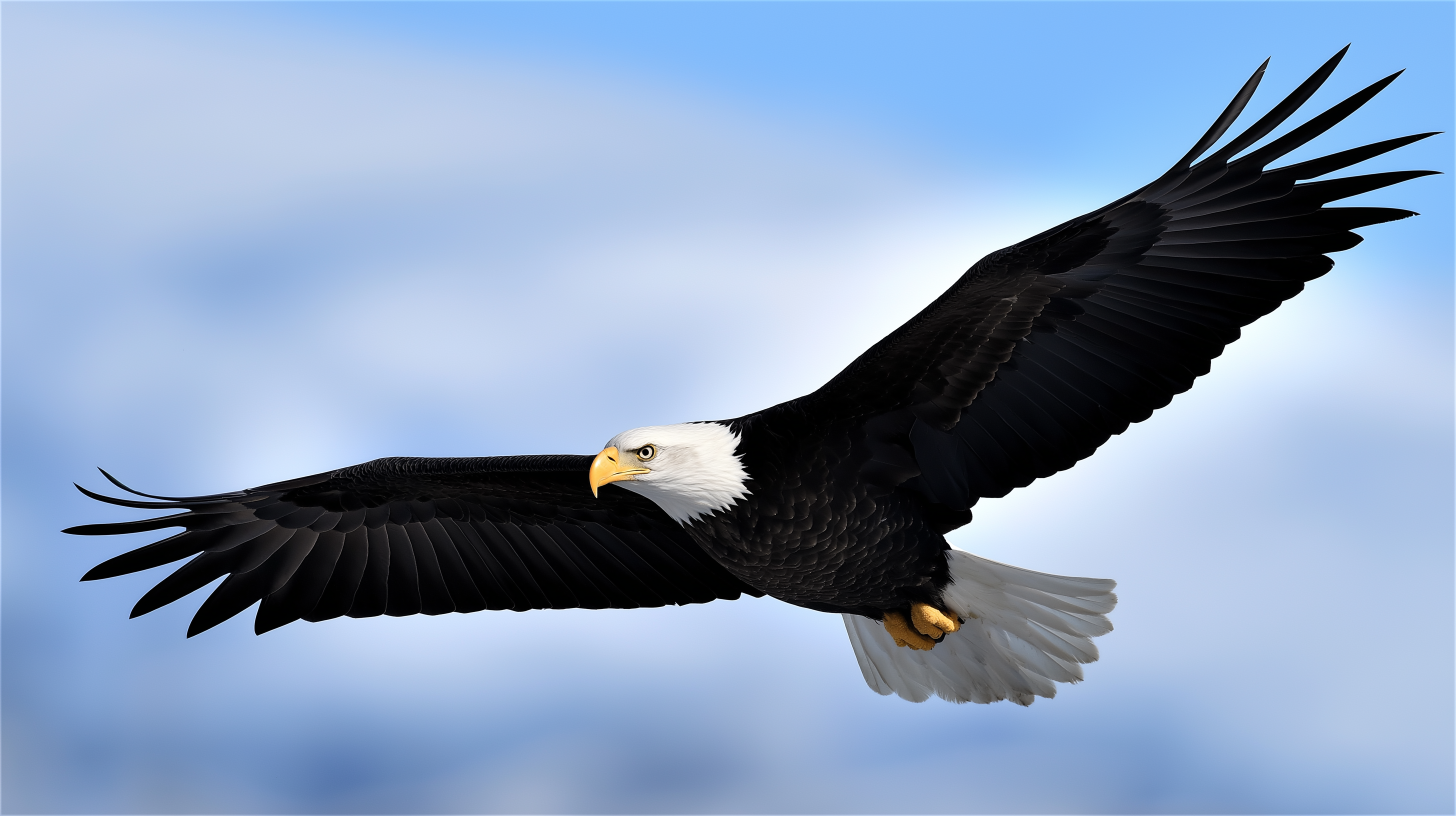 Eagle 桌布 壁紙 — 一隻白頭鷹展開雙翅，在帶有縷縷白雲的柔和藍天中翱翔。